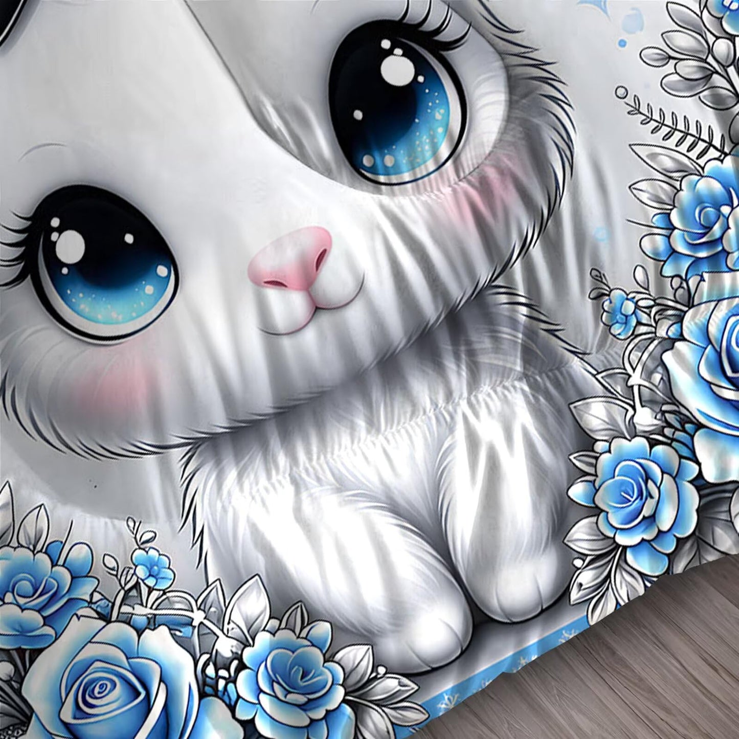 FUYEUN Rabbit King Comforter Set with Sheets for Kids Boys Girls Print 7 Pieces Cute Bedding Set Blue Cartoon Animal Bed in a Bag Princess Room Decor