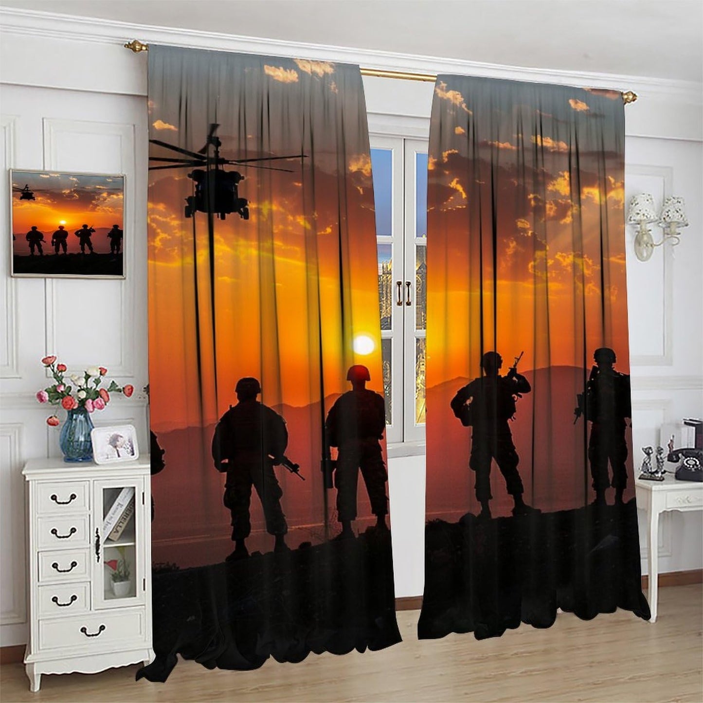 TOWINSFB Fine Military Silhouette Blackout Curtains for Living Room Bedroom, Americana Soldier Helicopter Window Curtains Rod Pocket Thermal Insulated Window Drapes, 2 Panels, Each 21" W x 63" L