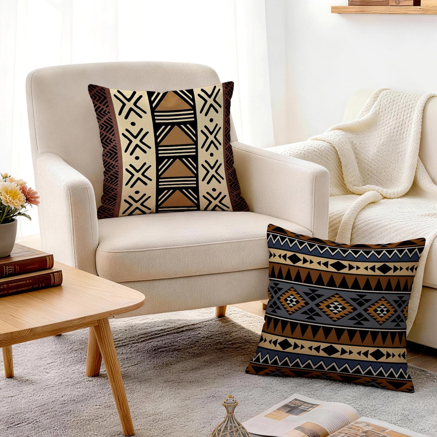 ORMAN African Ethnic Pillow Covers 18x18 Inches Set of 4, Retro Traditional Pillow Case for Couch Sofa Bedroom Living Room Outdoor