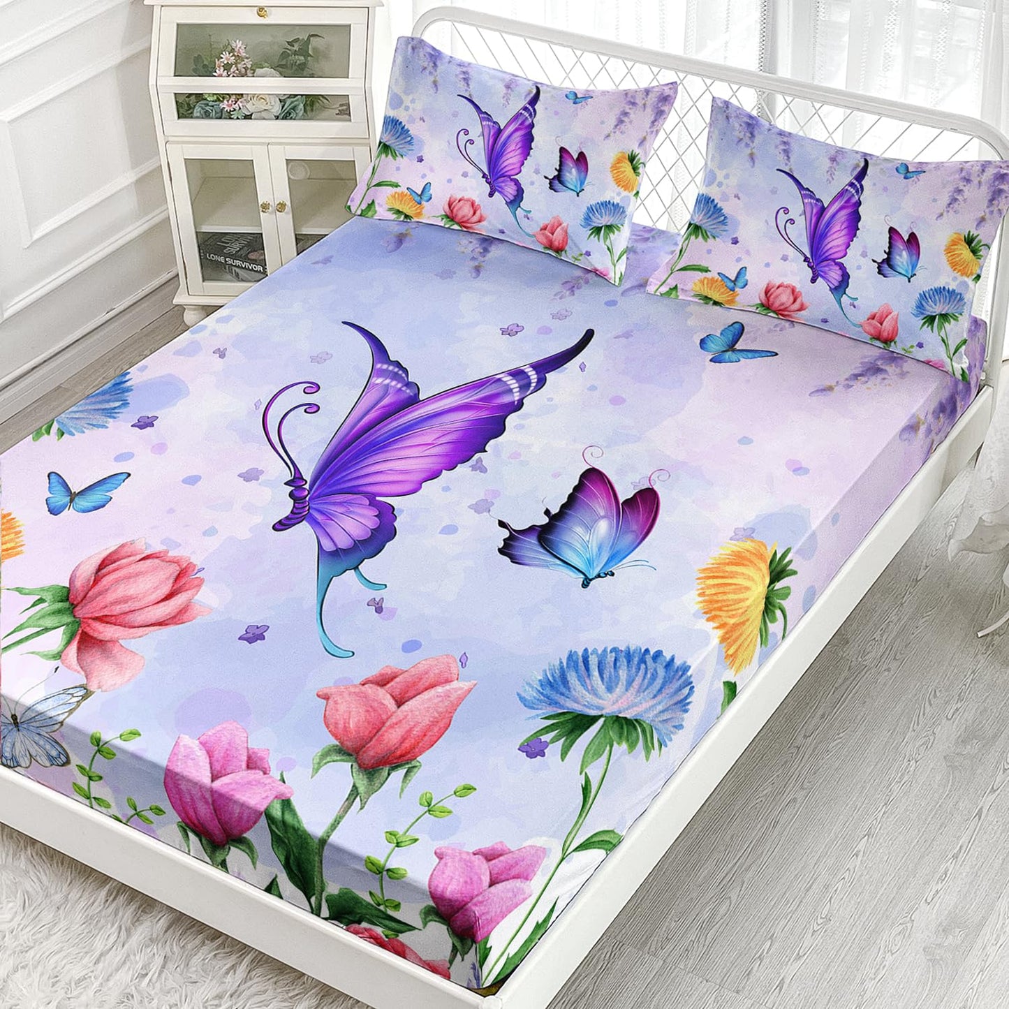 AILONEN Butterfly Bedding Set Twin Size Blue Pink Flower Fitted Sheets 3 Pieces Set Purple Lavender Sheet for Kids Girls Bedroom Decor Breathable Fitted Sheet and 2 Pillowcases