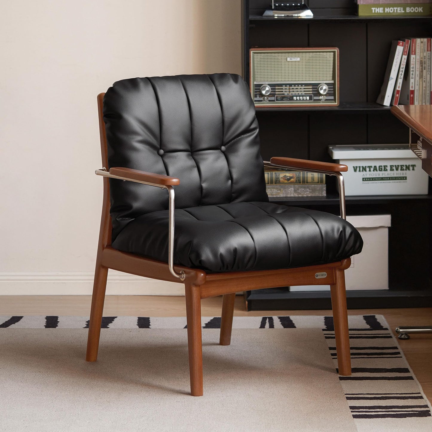 YESWOOD Solid Wood Armchair, Home Office Chair Mid-Century Bauhaus Soft Padded, Accent Chair for Office, Study, Living Room