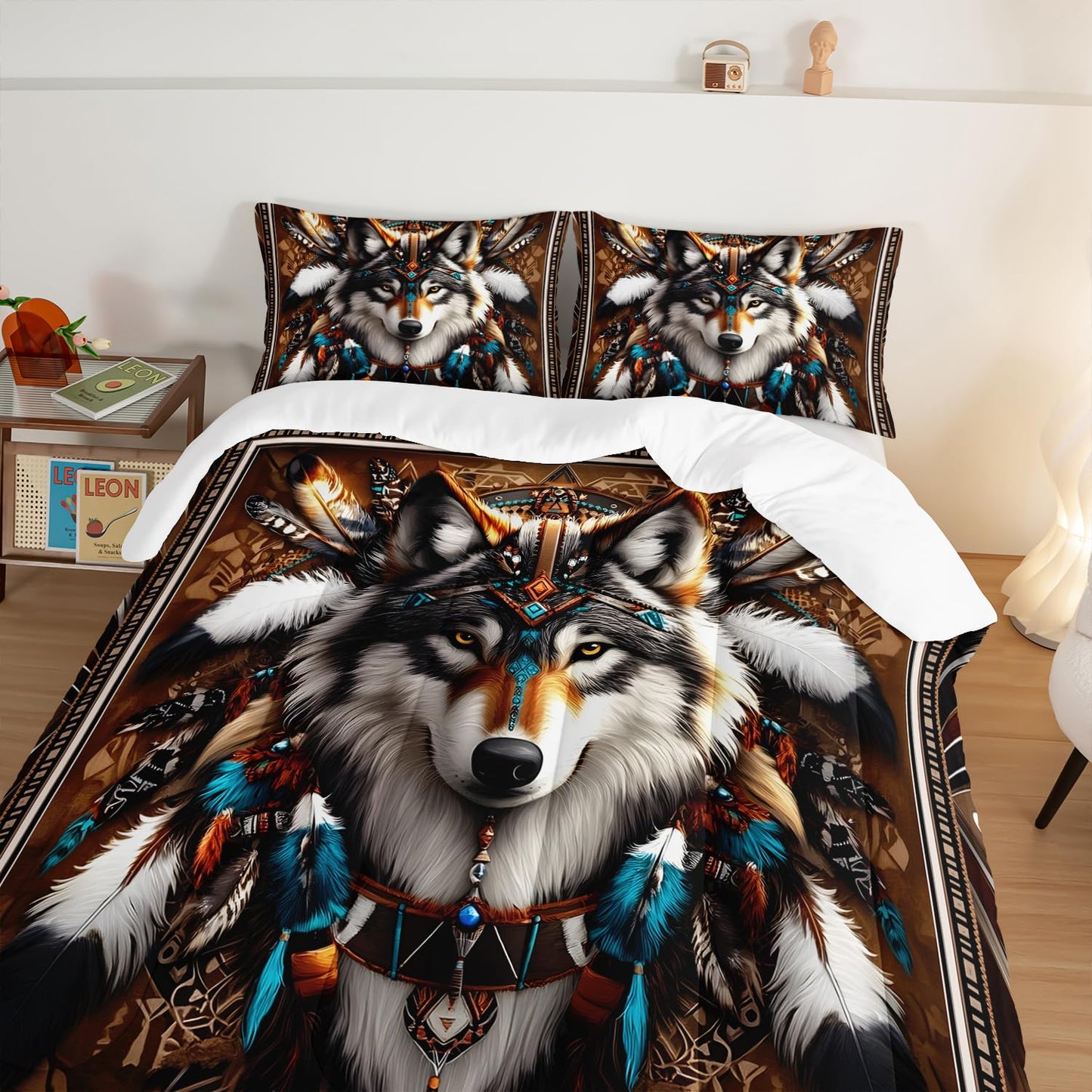 HOSIMA Wolf Twin Comforter Set,Tribe Decoration Print Animal Bedding for Teens Boys Room Decor,Lightweight Fluffy Dreamcatcher Feather Pattern Wolf Bedding Set for Kids with 2 Pillowcases.