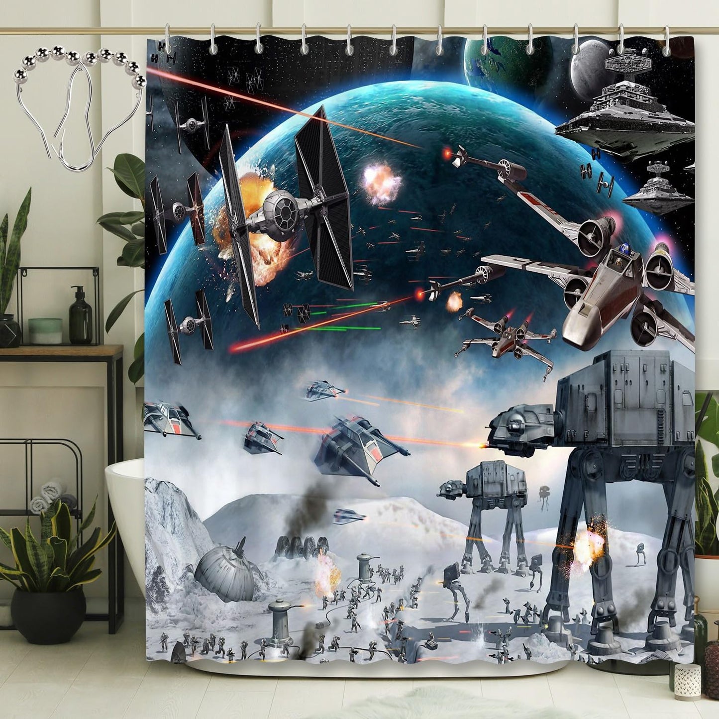 Outer Space Galaxy Wars Star Themed Shower Curtain,Universe Stars Science Space Station Polyester Fabric Bathroom Home Decor with 12 Hooks(Color1,72 W x 72" L)
