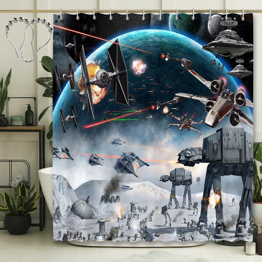 Outer Space Galaxy Wars Star Themed Shower Curtain,Universe Stars Science Space Station Polyester Fabric Bathroom Home Decor with 12 Hooks(Color1,72 W x 72" L)