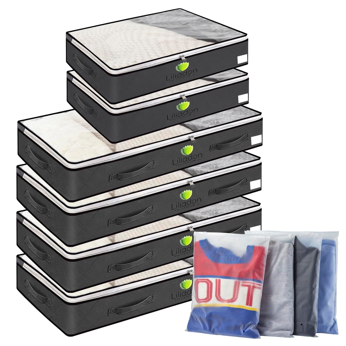 Title: Liliadon Lightweight Linen Underbed Storage Bags (6-Pack) - Gift Set! 4 Large (90L) + 2 Medium (40L) - Foldable Closet Organizers for Clothes & Bedding