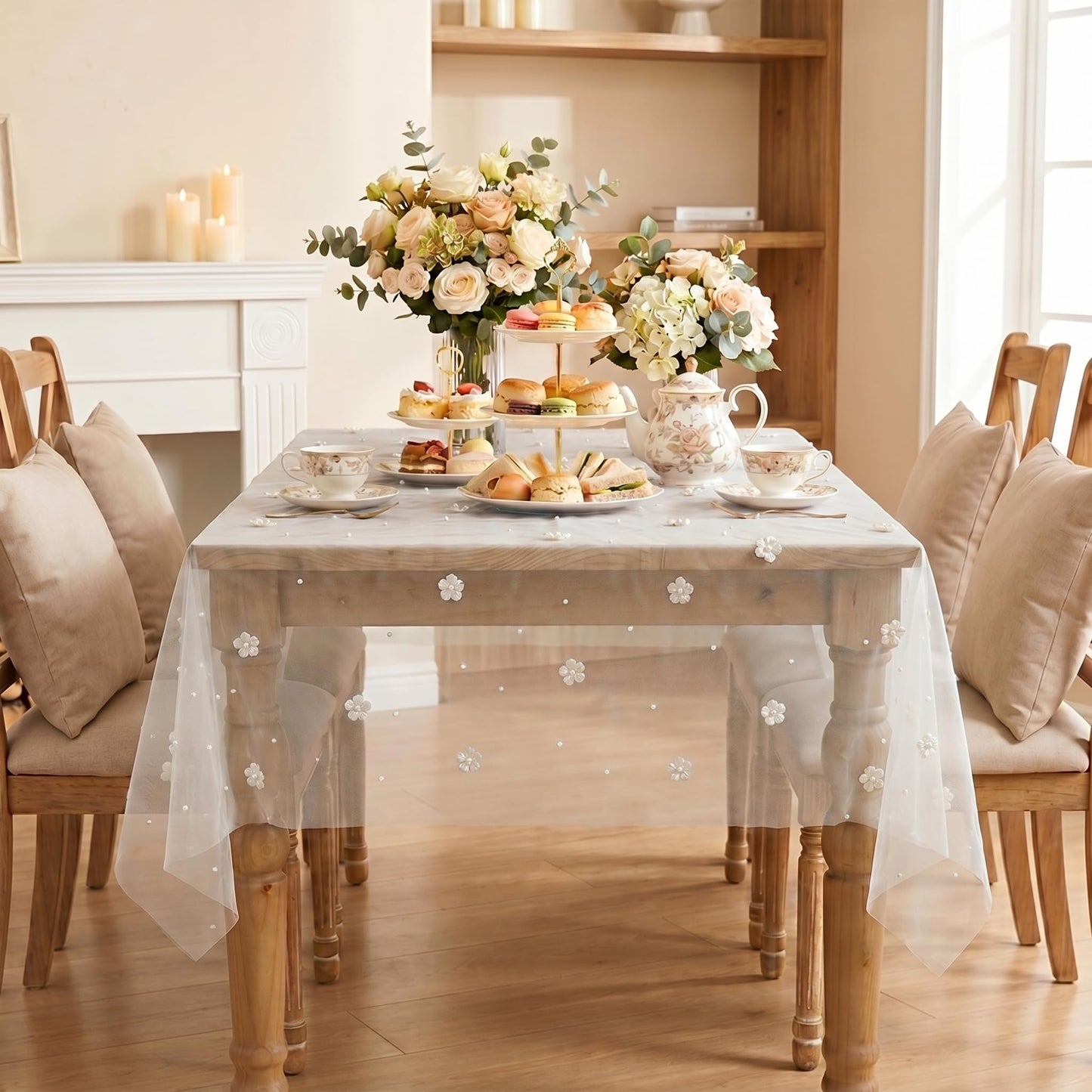 Horaldaily Beige Flower Pearl Beige Gauze Table Cloth 60×84 Inch Rectangular, Seasonal Sheer Tulle Cheesecloth, Bridal Shower Table Cover for Wedding Birthday Table Decor