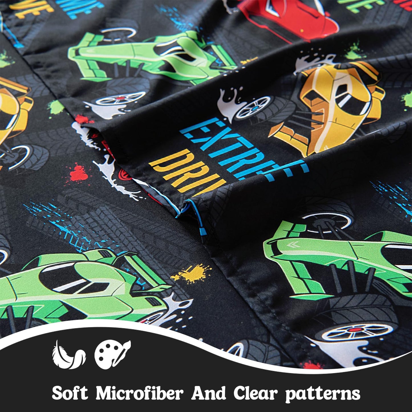 MCO Kids Full Size Bed Sheets, Soft Microfiber Full Size Sheets for Boy Girls, 4 Pieces Breathable Full Bed Sheet Race car Black