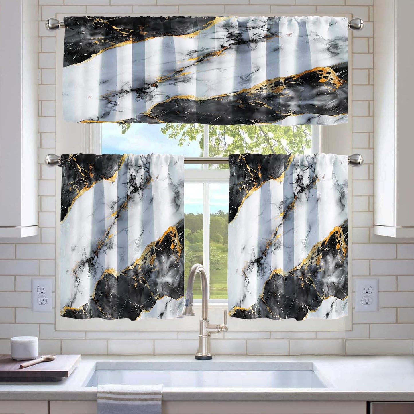 Modern Kitchen Tier Curtains and Valance Set, 3 Piece Semi Sheer Window Curtains, 2 Tier Panels 52W x 24L + Valance 52W x 18L, Light Filtering Rod Pocket Curtains for Kitchen, Bathroom (Black Marble )