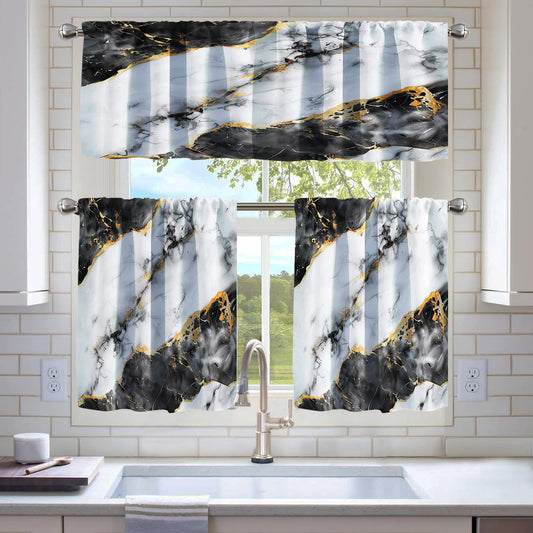 Modern Kitchen Tier Curtains and Valance Set, 3 Piece Semi Sheer Window Curtains, 2 Tier Panels 52W x 24L + Valance 52W x 18L, Light Filtering Rod Pocket Curtains for Kitchen, Bathroom (Black Marble )