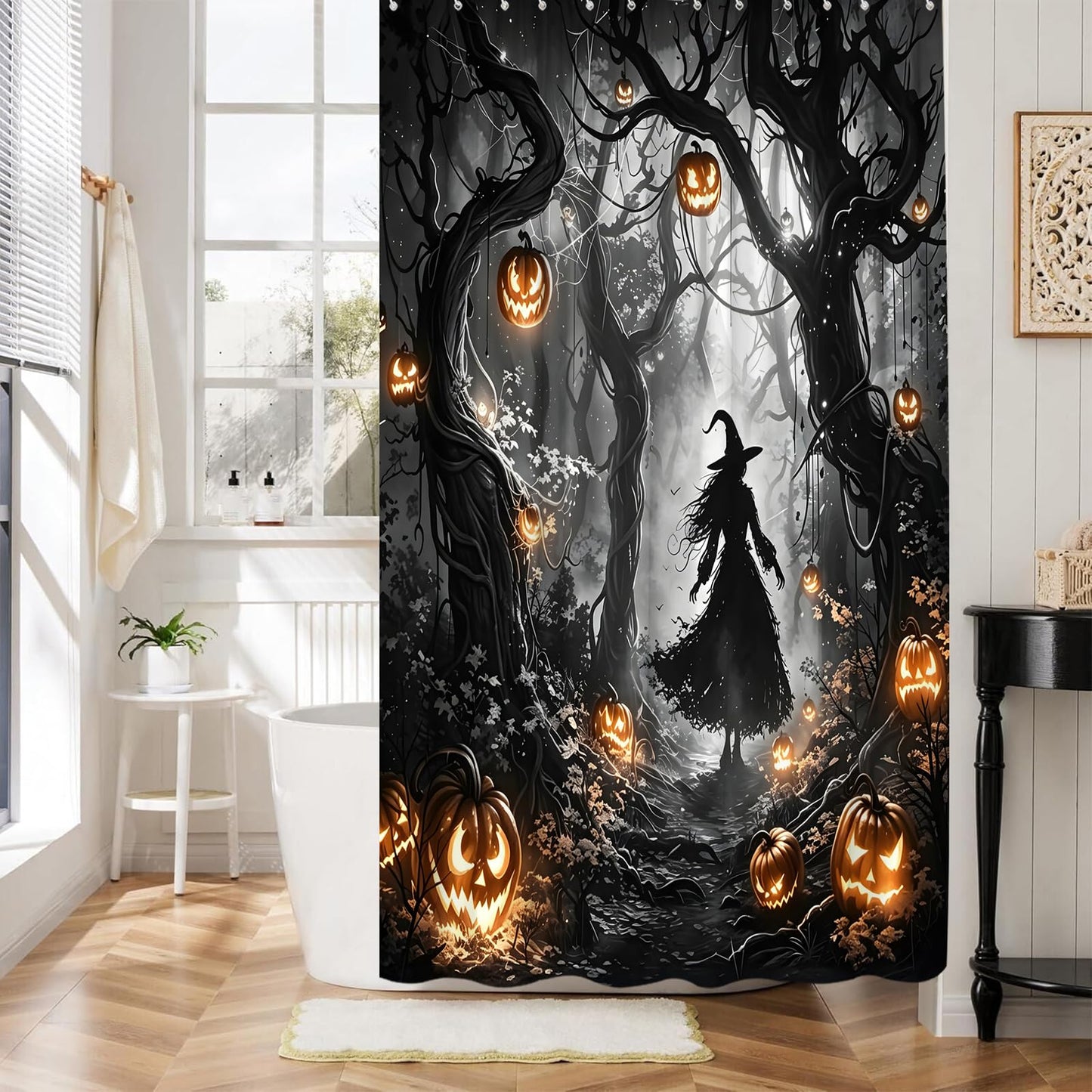 DSMEUE Halloween Witch Shower Curtain,Spooky Haunted Forest with Pumpkin Decor for Bathroom,Dark Gothic Black Orange Fabric Curtain with Hooks,70x70 Inch