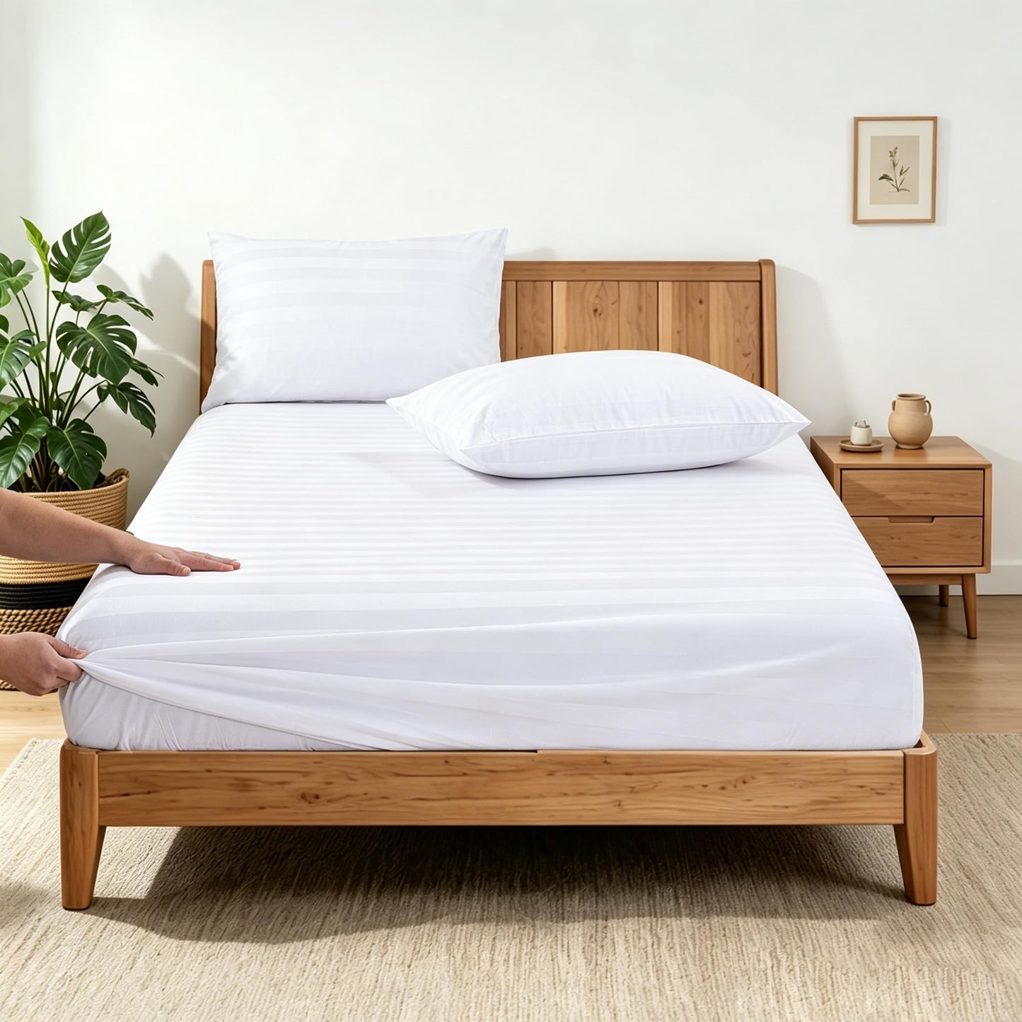 2 Pack Queen Fitted Sheets Only, 100% Egyptian Cotton, Super Soft 600 Thread Count Sateen, 16" Deep Pocket Bottom Sheets, Breathable Hotel Quality, Durable All-Around Elastic, Striped White