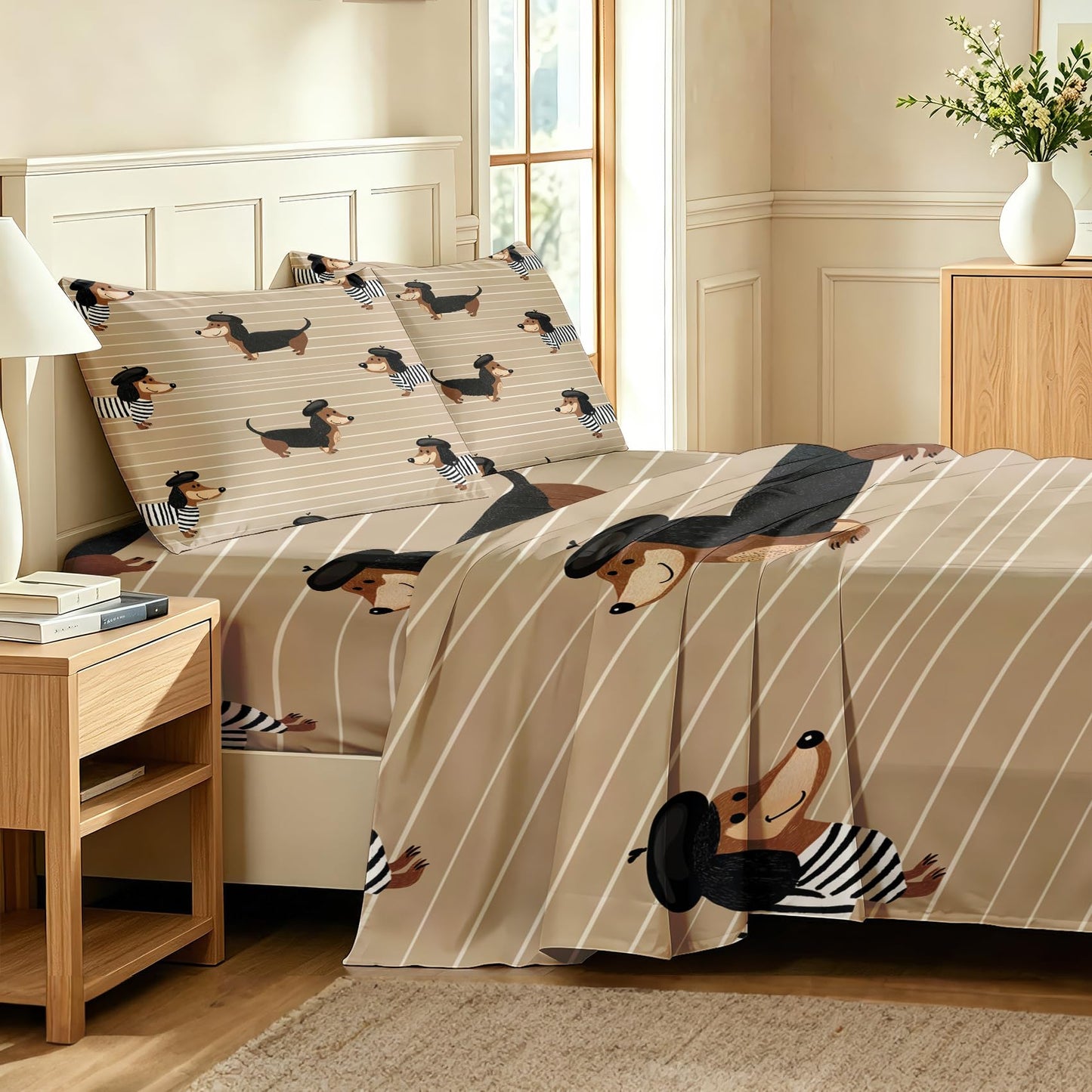 Dachshund Twin Sheet Set Boys Puppy Flat Fitted Sheet Sets, Cream