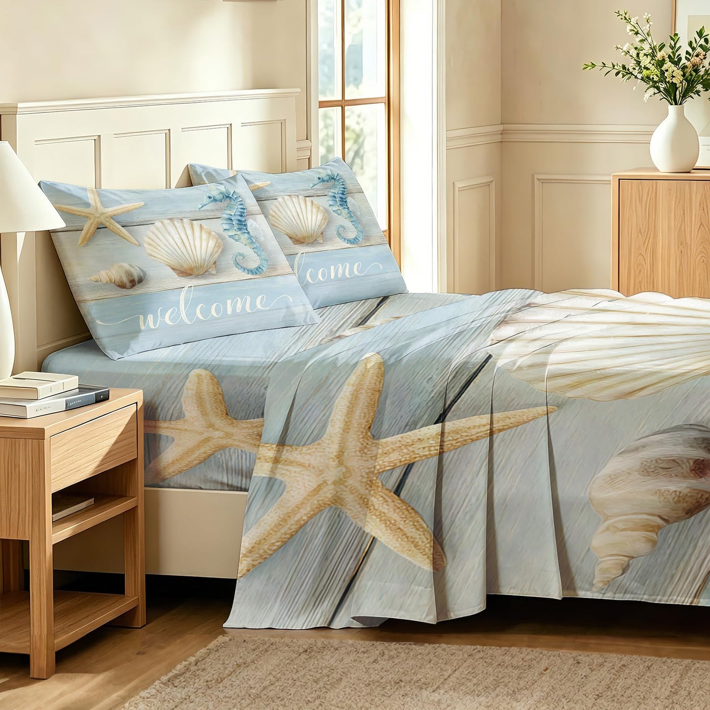 Seahorse and Shell Queen Sheet Set 4 Pcs Rustic Wooden Bed Sheets