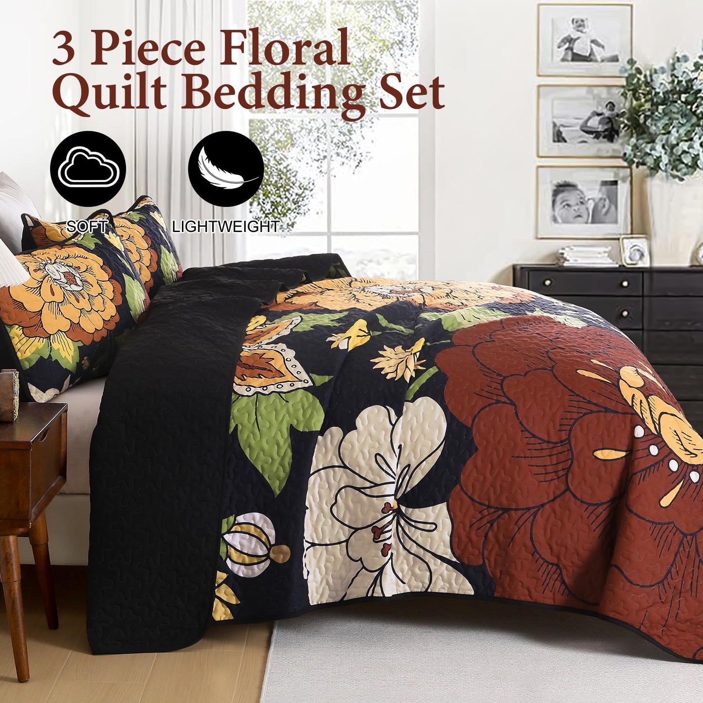 DJY Floral Quilt Set Queen Size Black Boho Bedspread Coverlet Set 3 Pieces, Botanical Quilt Lightweight Microfiber Farmhouse Floral Bohemian Bedding Set with 2 Pillow Shams for All Season (96''x90'')