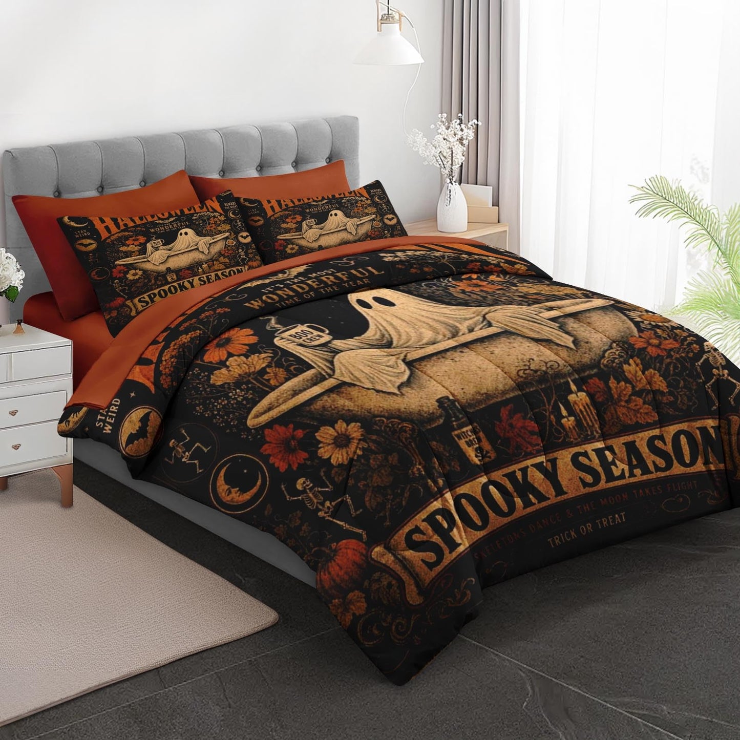 Boewywh Comforter Set Twin Size Halloween Ghost Spooky 7 Pcs, Bedding for Kids and Adults, Bed Sheet Sets with Fitted Sheet 2 Pillowcases & 2 Shams for Bedroom Bed Decor