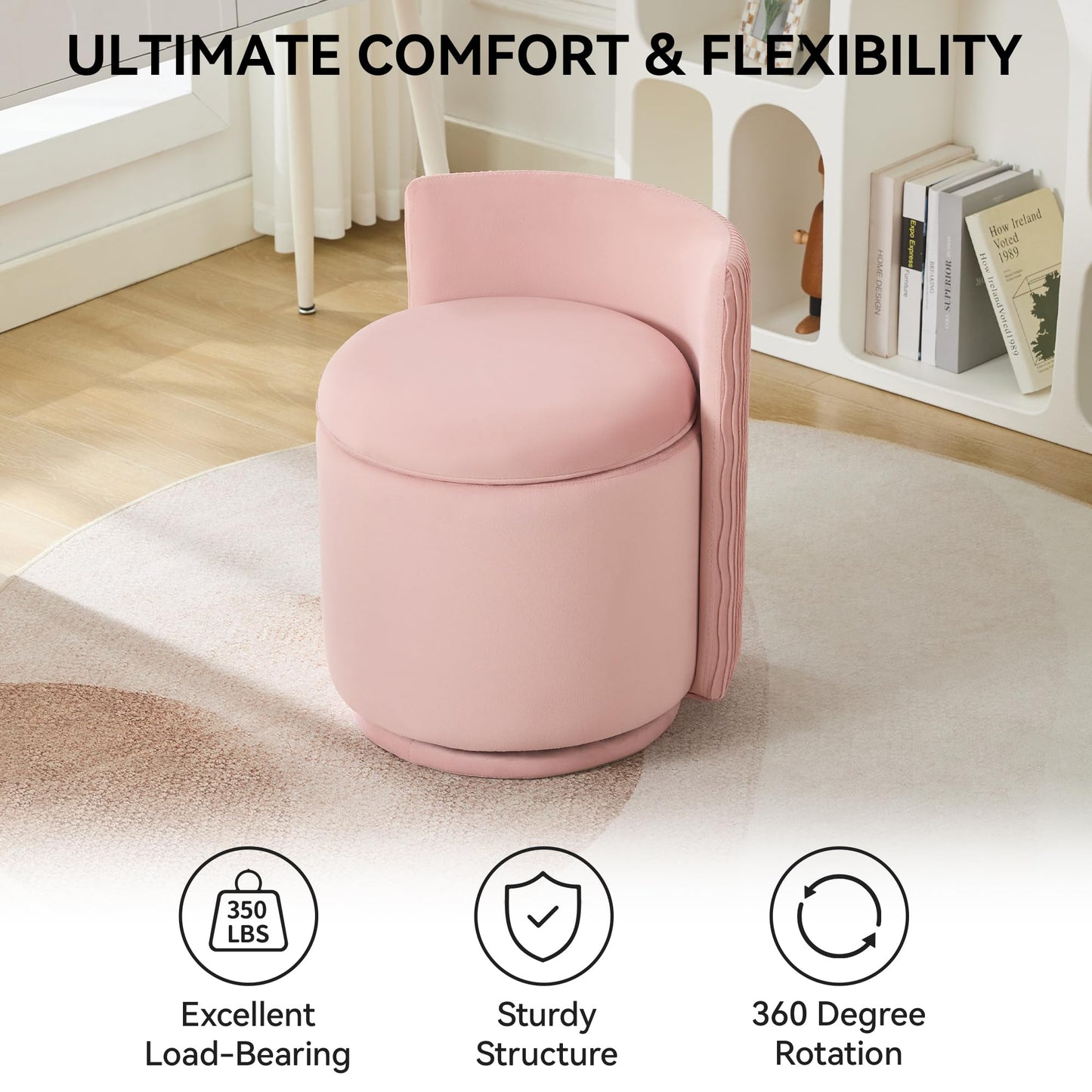 WUTUTUEE Velvet Vanity Chair with Storage, 360° Swivel Makeup Chair with Wave Back, No Assembly Small Accent Stool for Bedroom, Dressing, Living Room, Pink