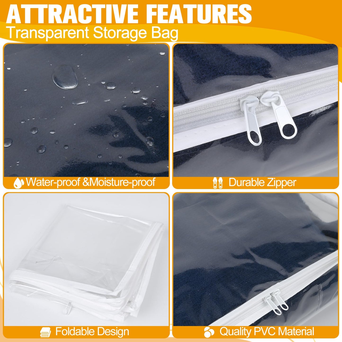 Plastic Storage Bags with Easy-Glide Zipper, Pack of 6, Durable Clear Vinyl Zippered Storage Bags for Clothes Sweaters Comforters Blankets Sheets Bedding (10.5 x 10.5 x 2.5 Inch, White)