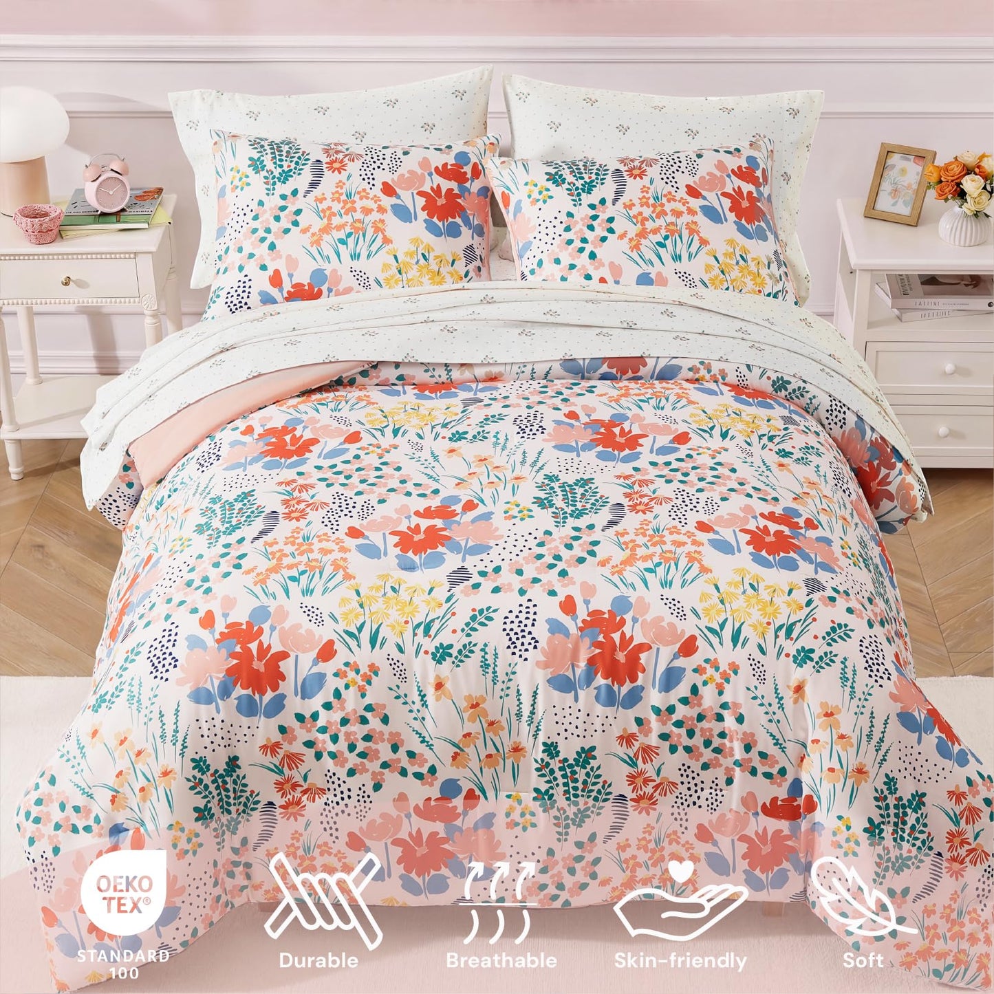 BLOOMHAVEN Twin XL Comforter Set for Girls, 5 Pieces Pink Botanical Floral Bedding Set, All Seasons Kids Dorm Bed in a Bag with Sheets, Pillowcase & Sham