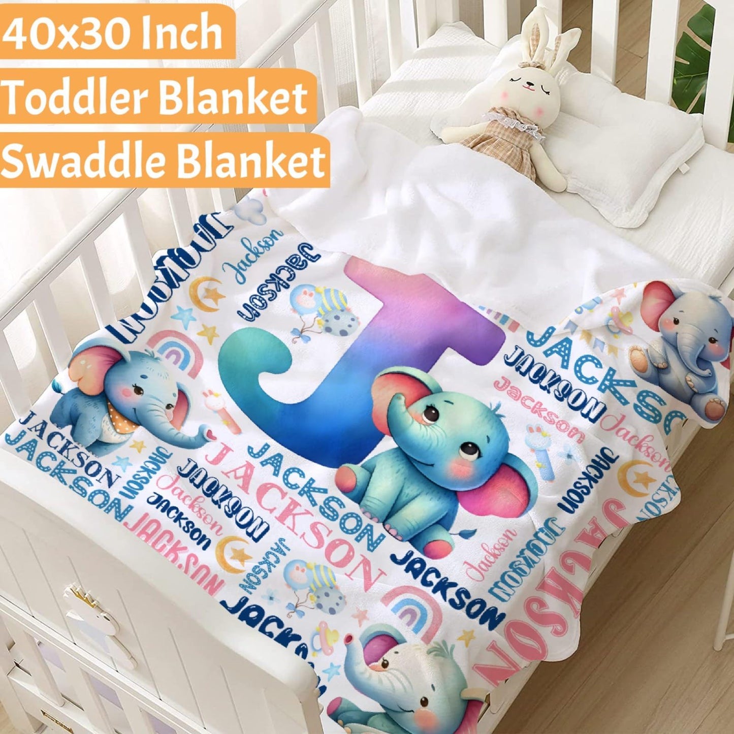 Personalized Elephant Blanket,Custom Elephant Gifts,Soft Flannel Throw for Bed Sofa,Lightweight,40 x 30in