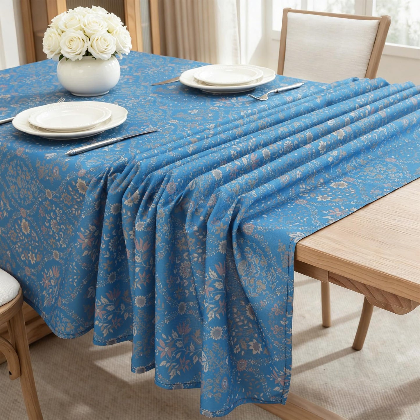 Honellaty Blue French Vintage Floral Rectangle Tablecloth, 60 x 84 Inch