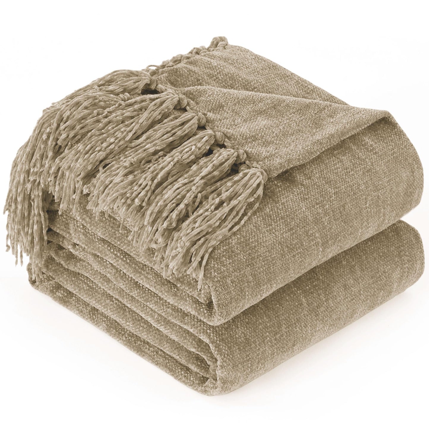 GINAMUSE Chenille Throw Blanket for Couch with Tassels,50"X60" Soft Cozy Lightweight Knitted Boho Decorative Blankets for Bed and Sofa,Taupe