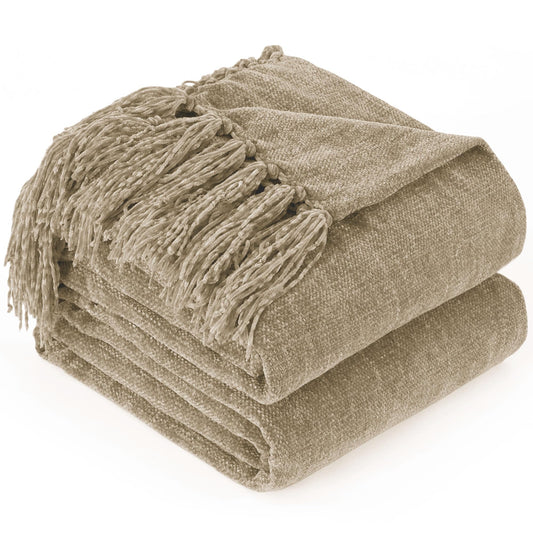 GINAMUSE Chenille Throw Blanket for Couch with Tassels,50"X60" Soft Cozy Lightweight Knitted Boho Decorative Blankets for Bed and Sofa,Taupe