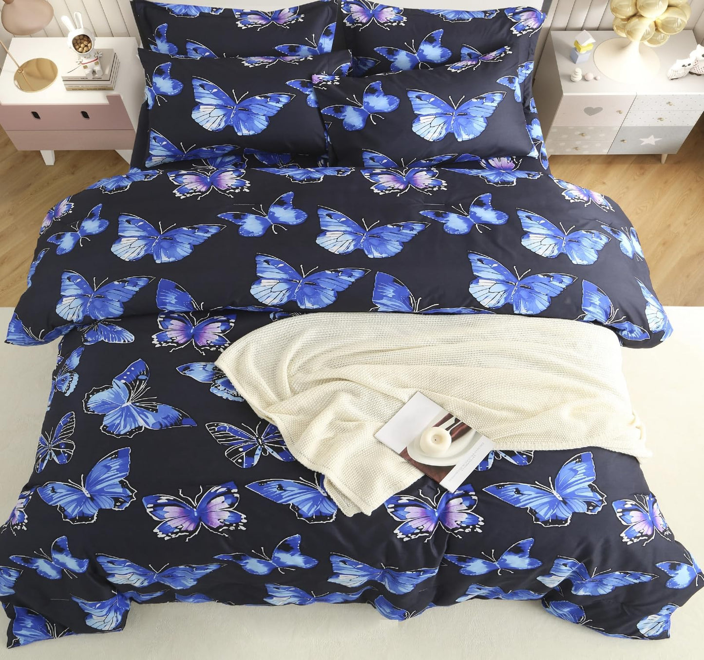 SDY 7PCS Butterfly Bedding Twin Bed in A Bag Twin Girls Boys and Kids with Butterfly Comforter, Flat Sheet, Fitted Sheet and Pillowcases & Shams
