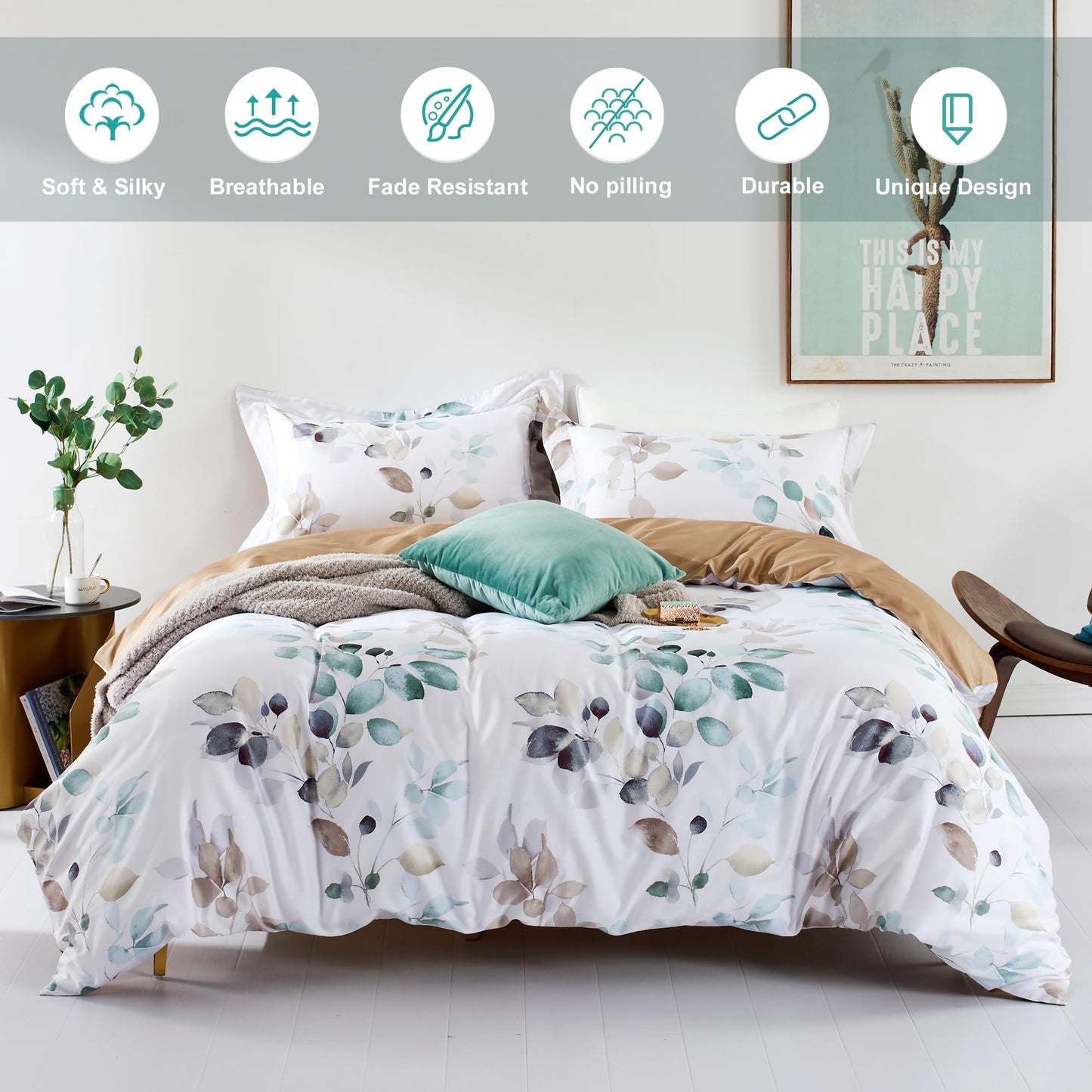 MILDLY Floral Duvet Cover Set - 100% Long-Staple Cotton Green Leaves Pattern Printed Comforter Cover 3pcs Soft Breathable Luxury Lightweigt Bedding for All Season