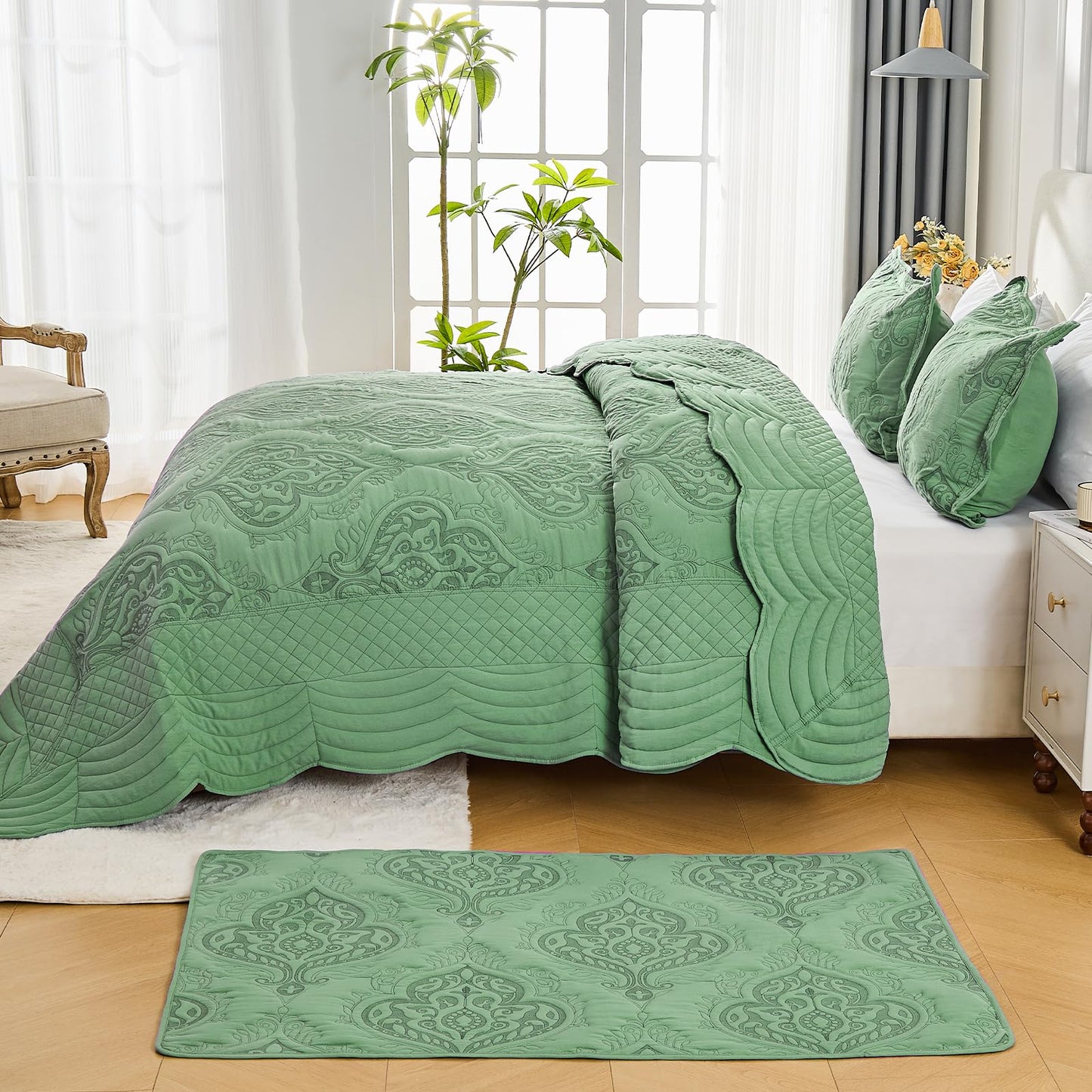 DaisyHuang Oversized Bedspread Coverlet Set King Size - Lightweight Bedding Cover - Beautiful Stitching - 4 Piece Reversible Bedspread, Olive Green