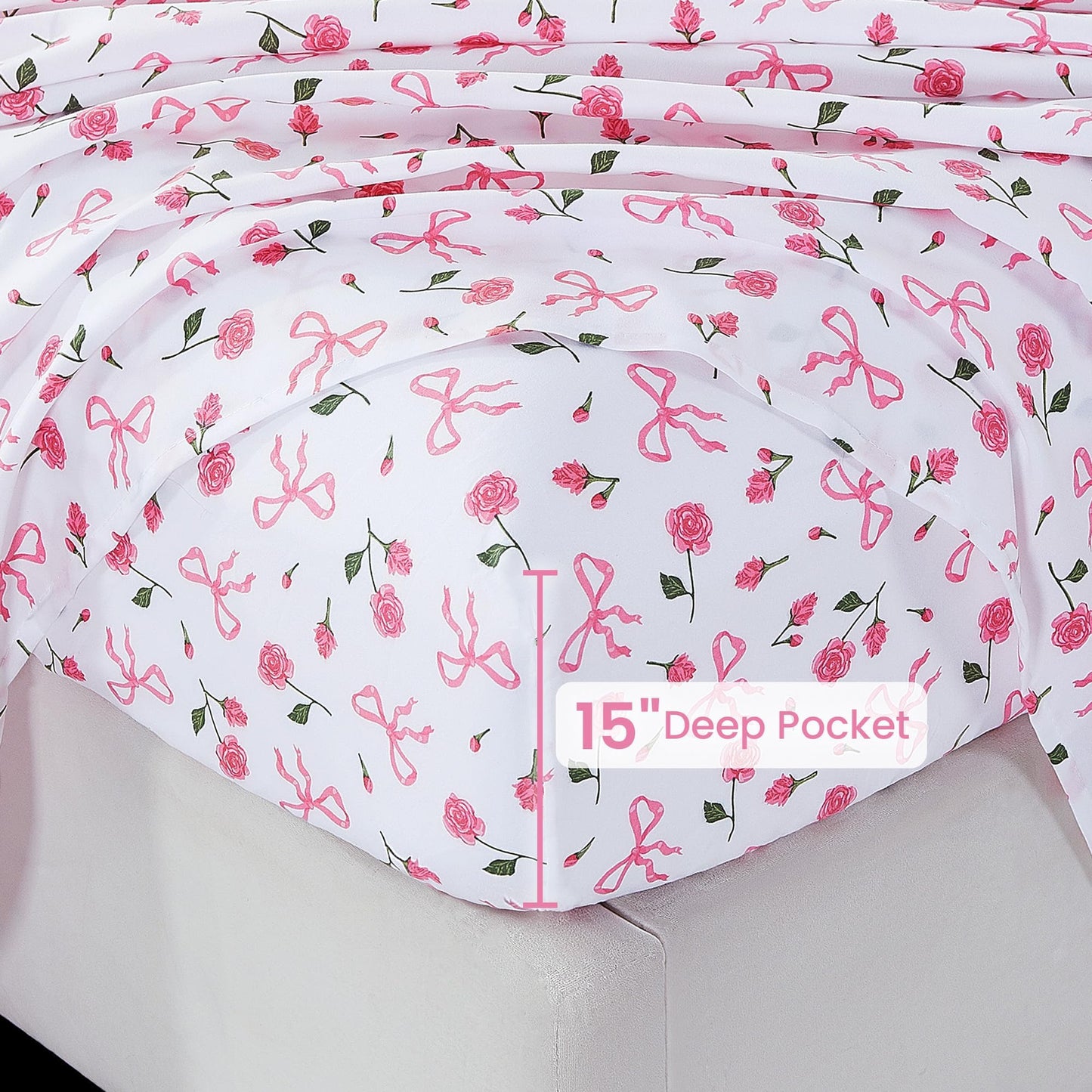 Softan Pink Floral Full Bed Sheets, Cozy Microfiber Flower Printed Sheets with 15" Deep Pocket Fitted Sheet & Non-Slip Straps, Patterned Pink Rose - Bow Sheets & Pillowcase Set
