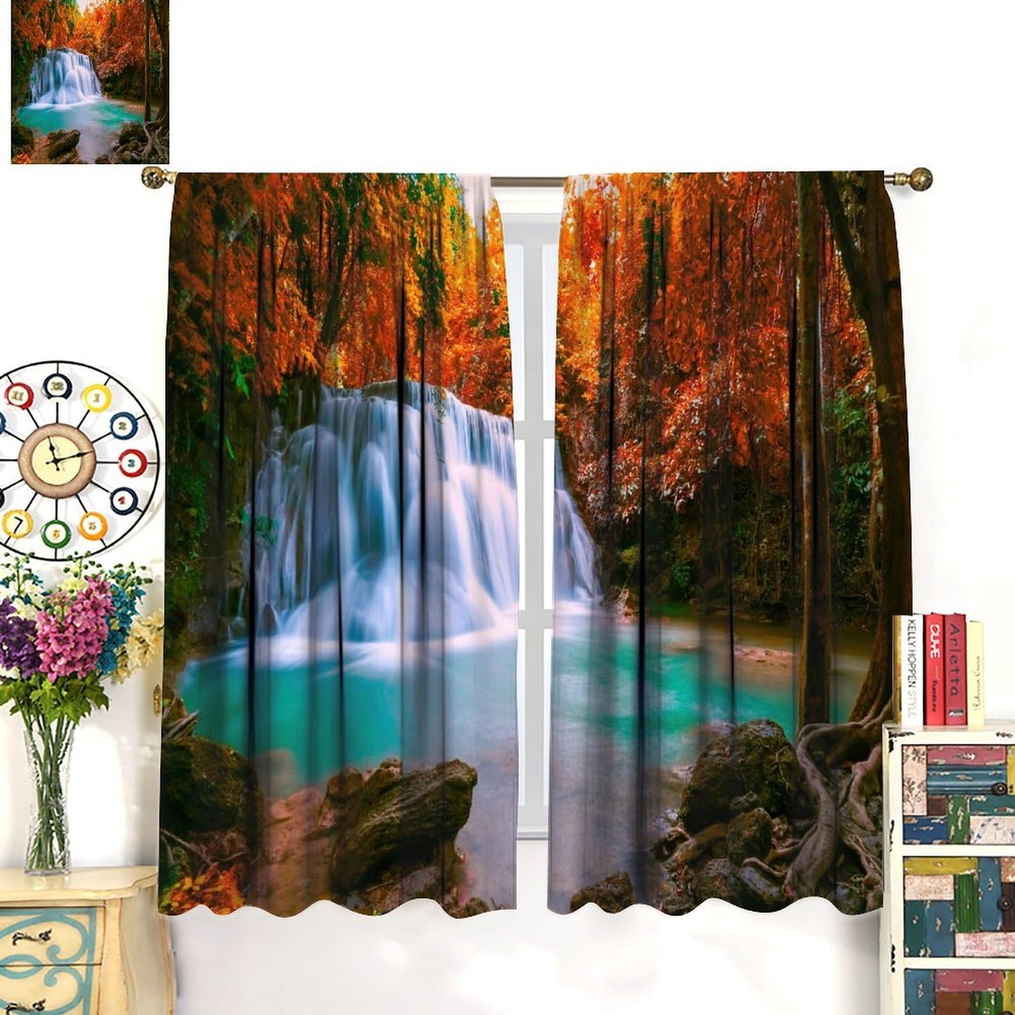 GoDazzling Autumn Forest Waterfall Blackout Curtains, Fall Leaves Trees Jungle Country Nature Landscape Window Drapes, for Bedroom Living Room 42" W X 45" L
