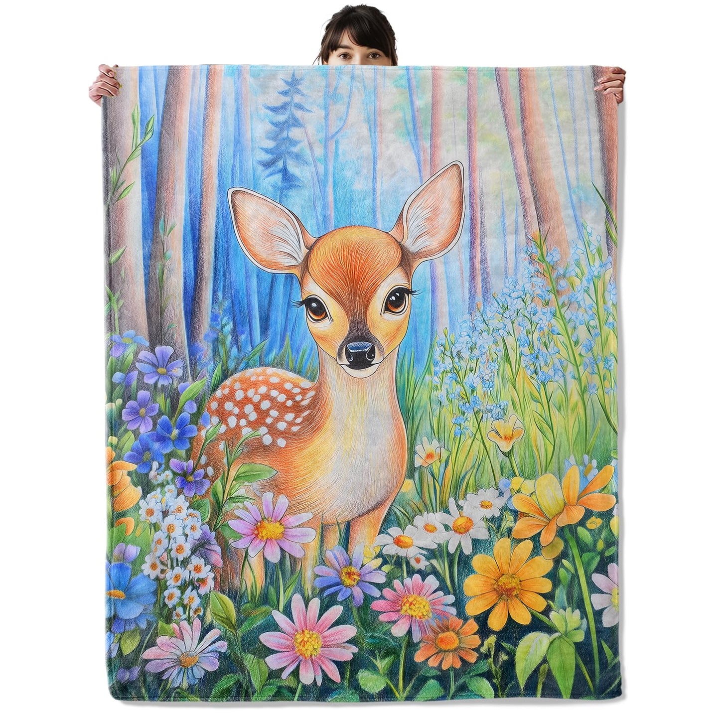 onlcuk Deer Flower Blanket, Cozy Flannel Cute Fawn and Floral Blankets, All Season Soft Throw for Travel Home Decor, Lightweight Sofa Bed Throws, Gifts for Women Girls Kids Animal Lovers, 50"×60"