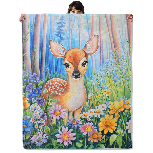 onlcuk Deer Flower Blanket, Cozy Flannel Cute Fawn and Floral Blankets, All Season Soft Throw for Travel Home Decor, Lightweight Sofa Bed Throws, Gifts for Women Girls Kids Animal Lovers, 50"×60"