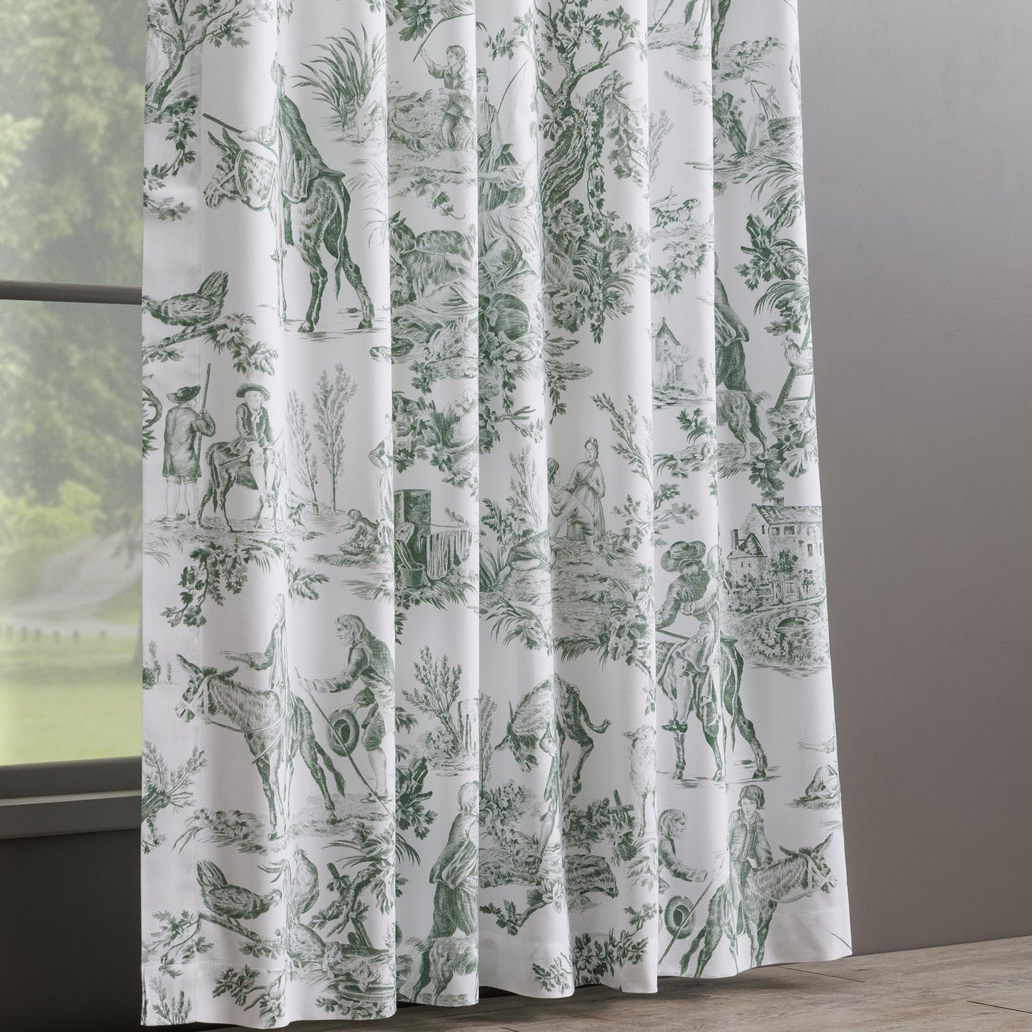 Maison d' Hermine Curtains for Living Room 100% Cotton 96 inch Length One Panel Light Filtering Toile Curtains with Rod and Loop Pockets (The Miller Antique Green (White Background), 50" W x 96" L)