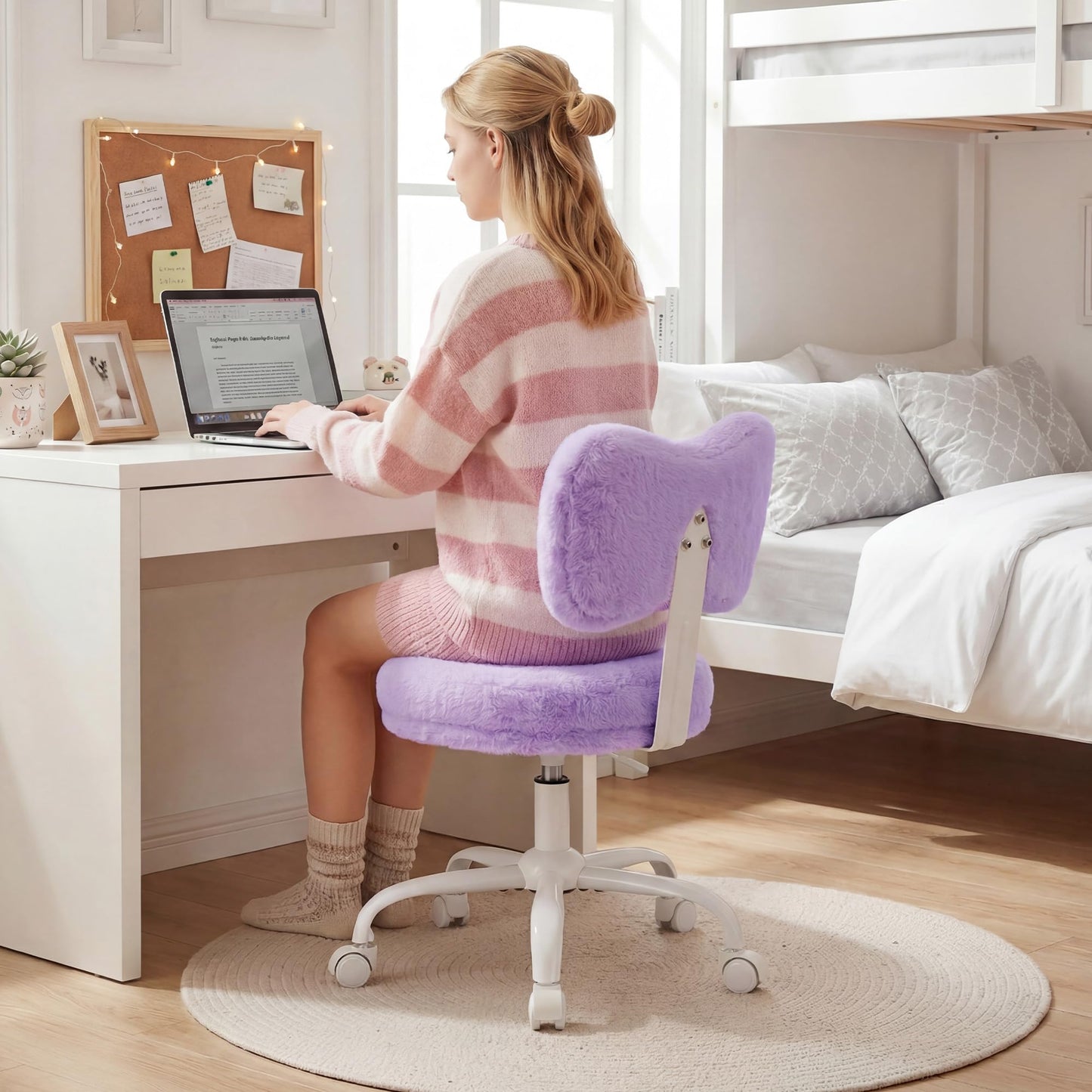 Homkdom Vanity Chair with Wheels, Cute Desk Chair with Bow Backrest, Fluffy Faux Rabbit Fur Small Office Chair for Vanity, Make-up Room, Bedroom, Dorm, Height Adjustable, Purple