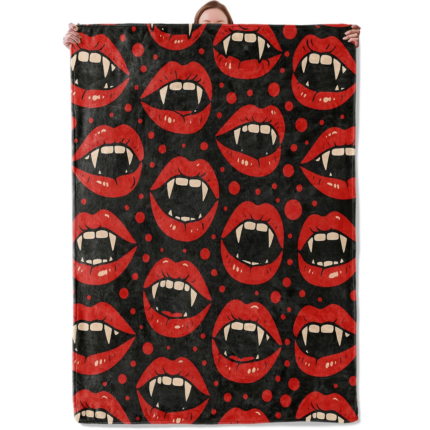 Halloween Horror Gothic Lips Blanket Gifts for Women Girls Kids, Soft Warm Lightweight Flannel Vampire Fangs Throw Blankets for Bedroom Living Room Home Sofa Home Decor 50" x 60"