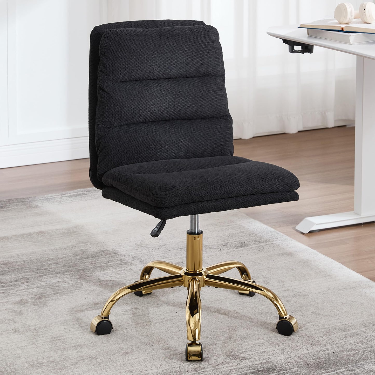 Gentlemoods Fabric Armless Home Office Chair, Modern Ergonomic Desk Chair High-Back Vanity Chair with Wheels, Height Adjustable Swivel Task Chair with Comfy Seat for Bedroom/Vanity/Desk(Black)