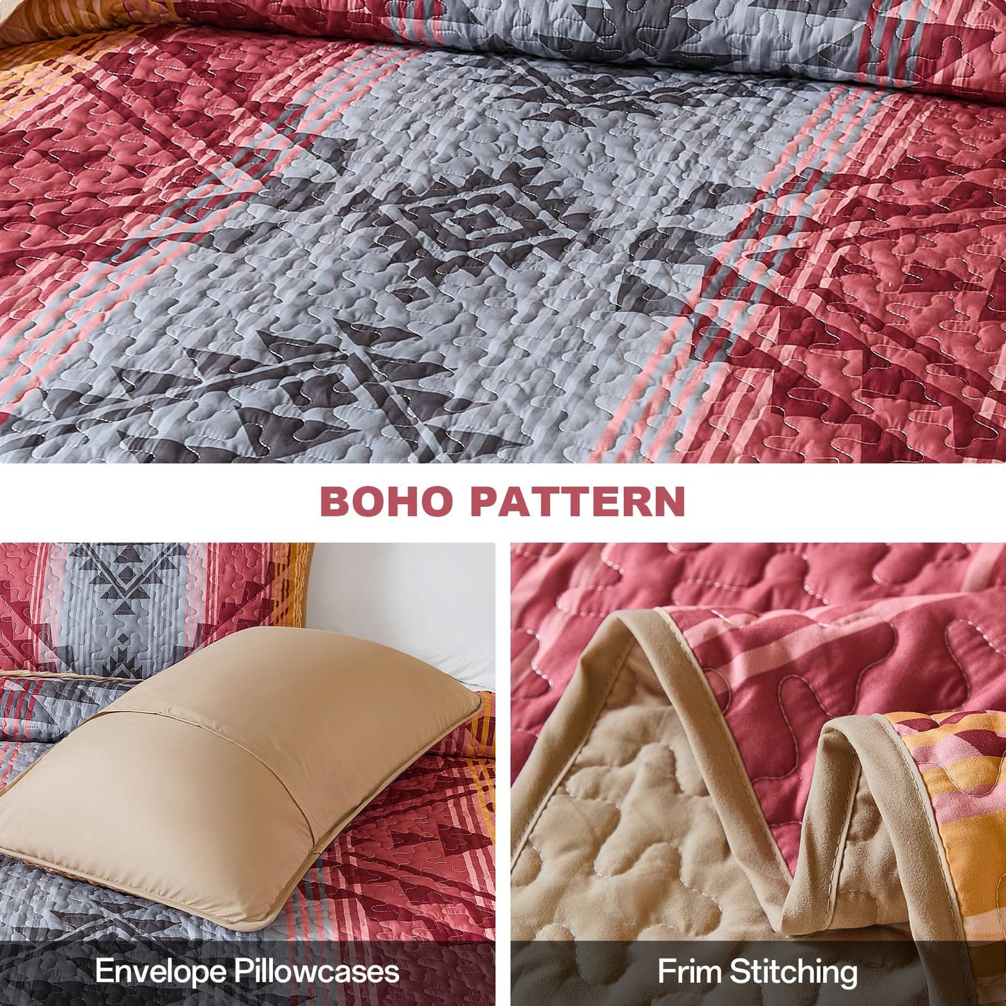 Dintszyayue Red Boho Quilt Set King,3 Pieces Aztec Texture Bedspread Western Quilt Set,Soft Reversible Lightweight Bohemian Coverlet Bedding Set for All Seasons(110"x90")
