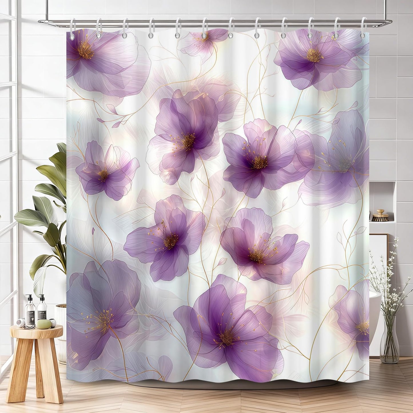 NAEMBCU Purple Floral Shower Curtain with Hooks - 72x72 Inch Waterproof Fabric Bathroom Curtain with Watercolor Abstract Flower Pattern, Washable Bath Curtain for Modern Glam Interiors