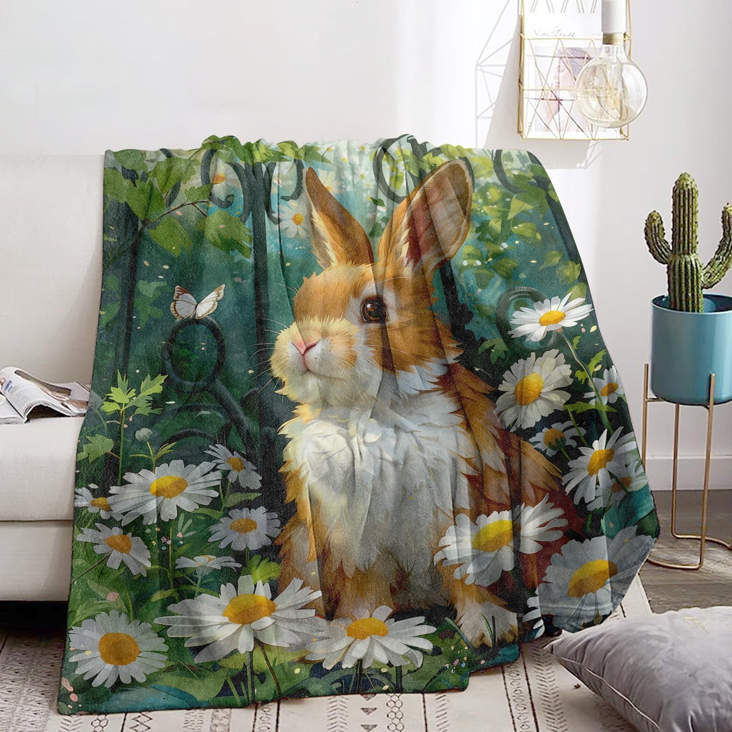 Bidesk Charming Bunny Blanket Cozy Soft Flannel Throw Blanket - Lightweight & Warm Daisy Garden Blankets for Couch, Bed, Travel, Fuzzy Outdoor Comfort Wrap, for Women Adults Kids 60"×50"