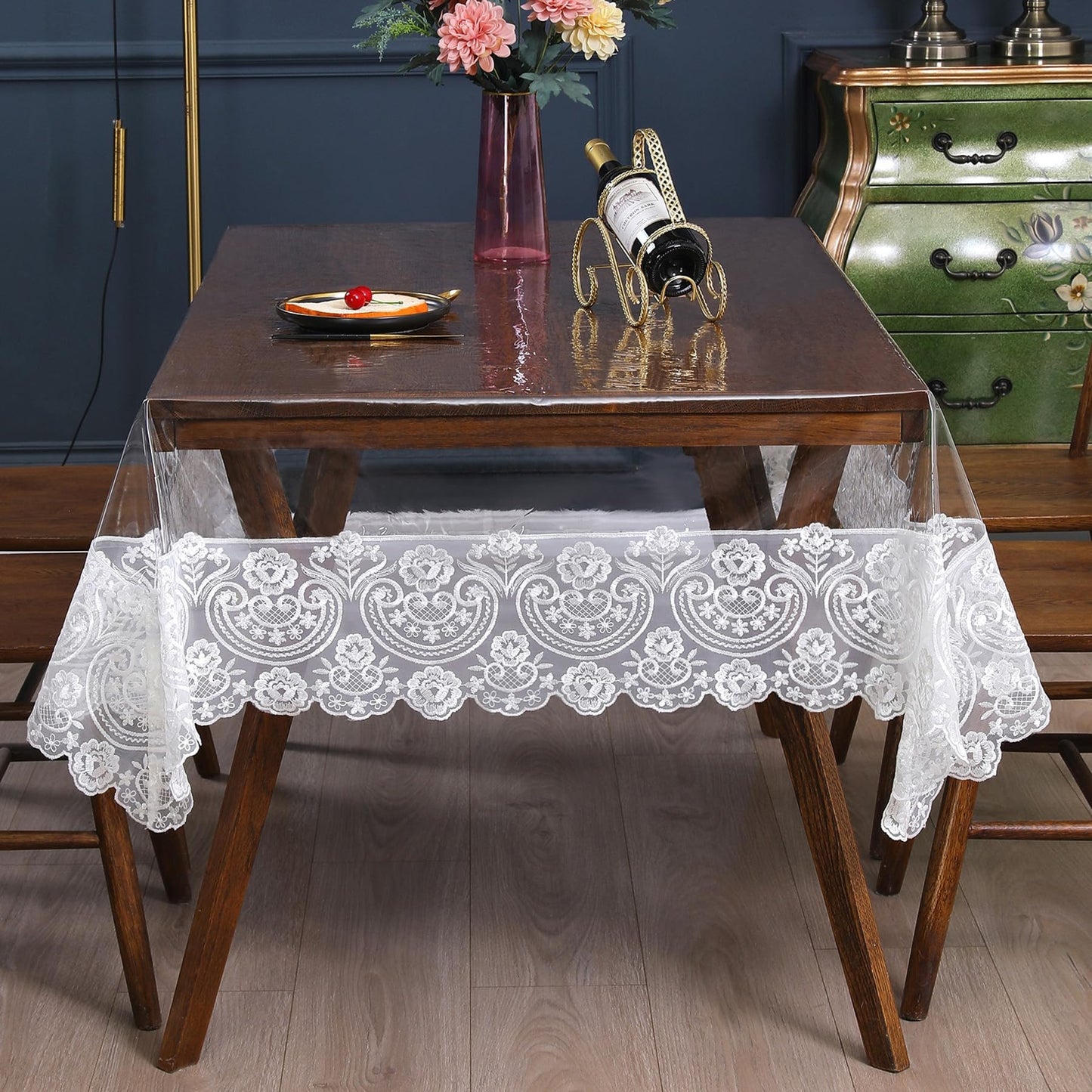 Jusmate Clear Vinyl Tablecloth Protector Transparent PVC Lace Border Plastic Waterproof Oil-Proof Rectangle Table Cover for Kitchen Home Dining Holiday Decoration (White, 60 x 120 Inch)