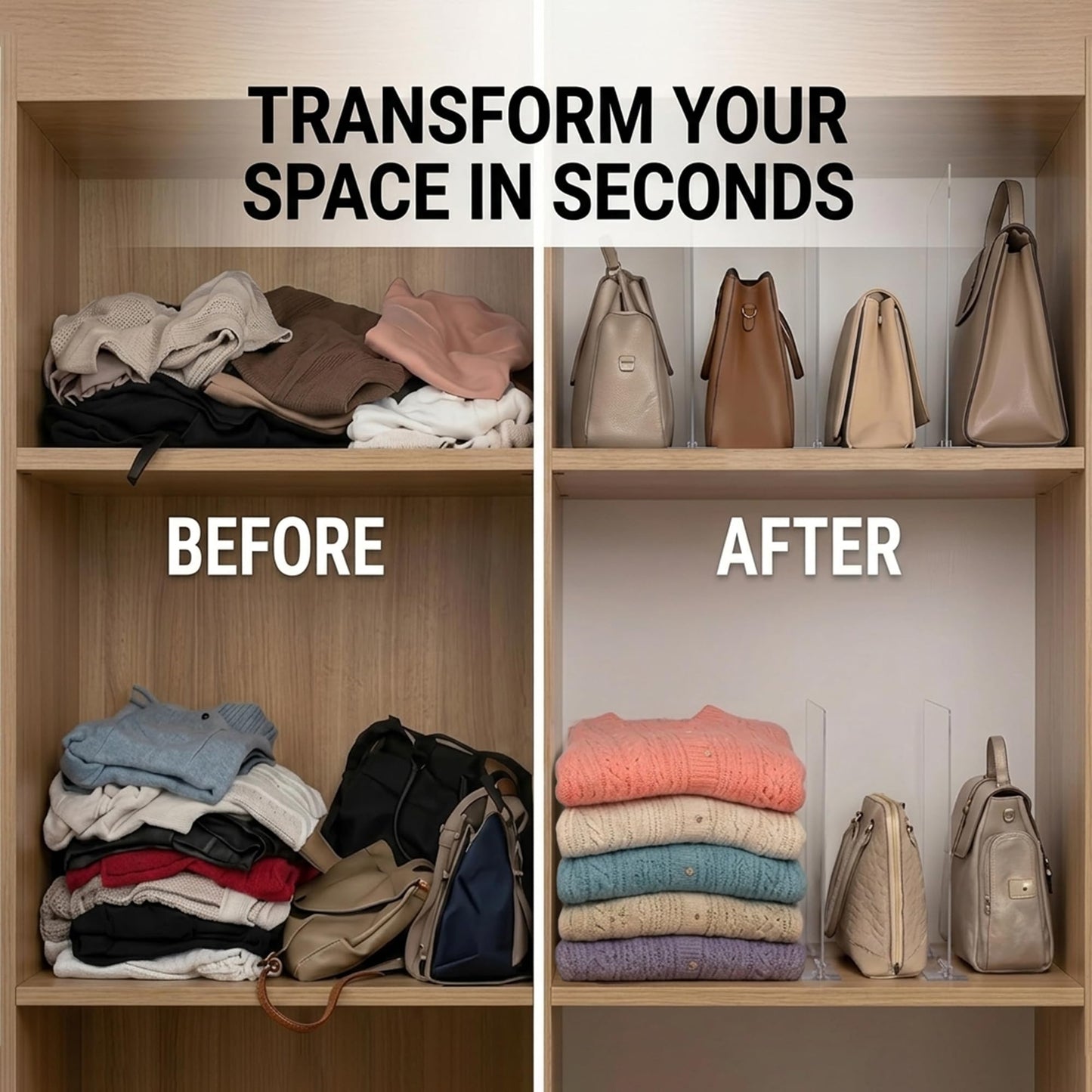 Acrylic Shelf Dividers for Closet Organization - 4 Pack Clear Removable 10/11.8" Tall X 11.8/10" Deep Sturdy Separators for Wood Cabinet - Vertical Adjustable Storage Clothes,Purse,Bag Organizer