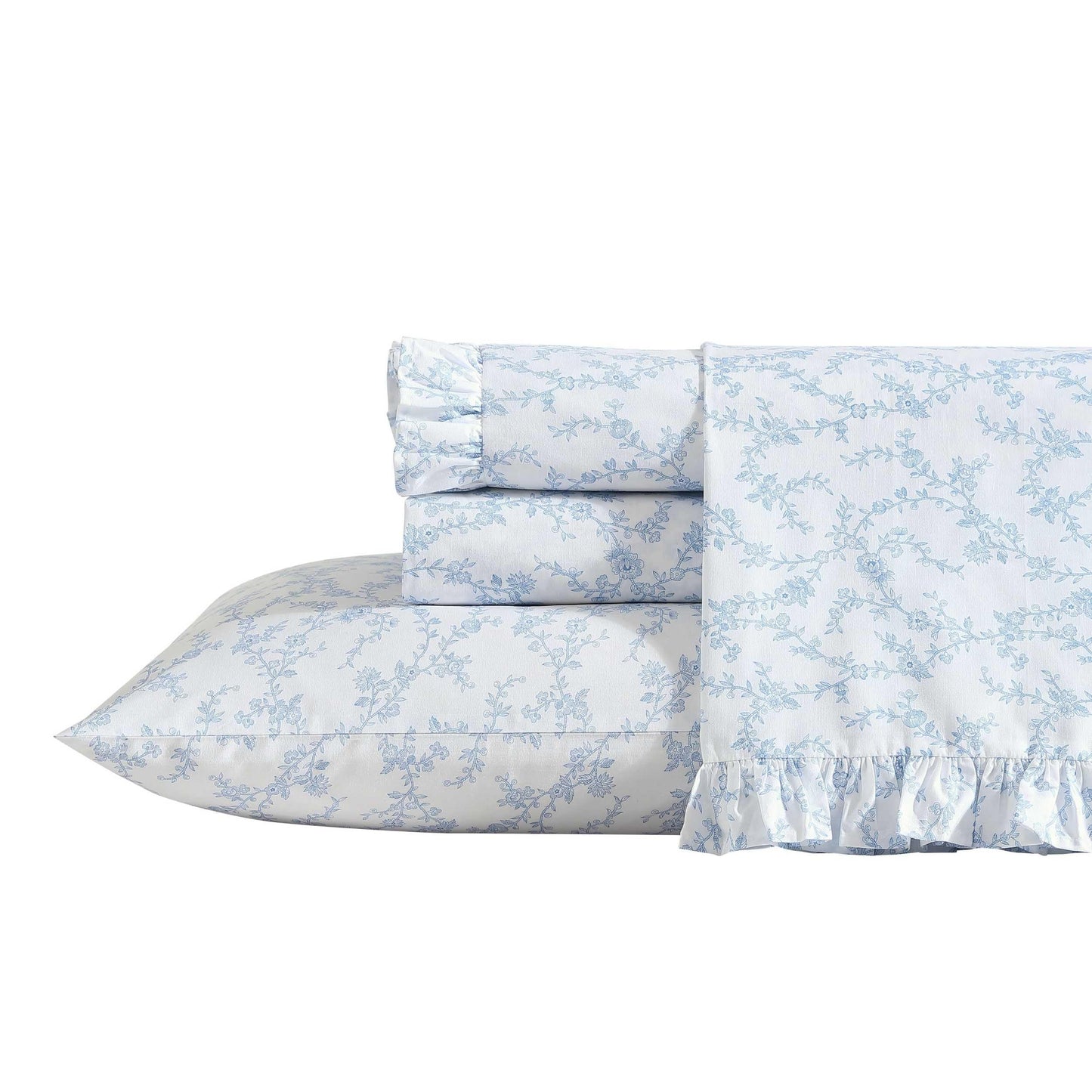 Laura Ashley – Twin Size Sheet Set, Crisp & Lightweight Cotton Percale Bedding with Fitted Sheet and Pillowcase, Floral Room Decor, Deep Pocket, College Dorm Room Essentials (Victoria Blue)
