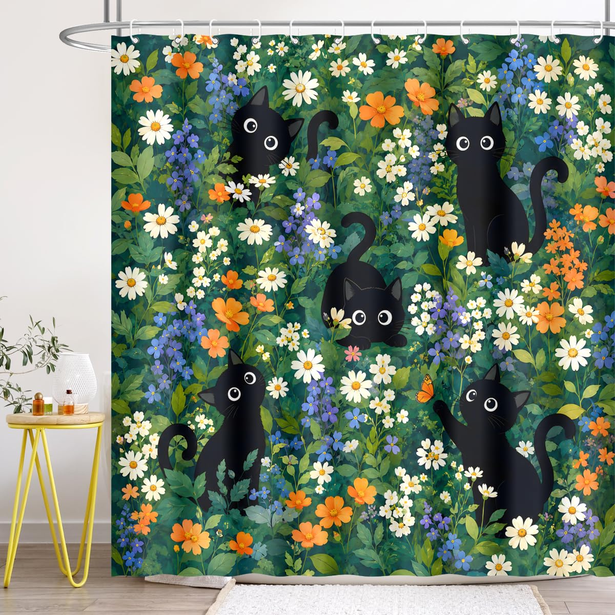 BIYSUC Cute Cat Shower Curtain Funny Boho Floral Daisy Flower Fun Kitten Animal Wildflower Farmhouse Bathroom Waterproof Polyester Fabric 72Lx72W Inch with Hooks