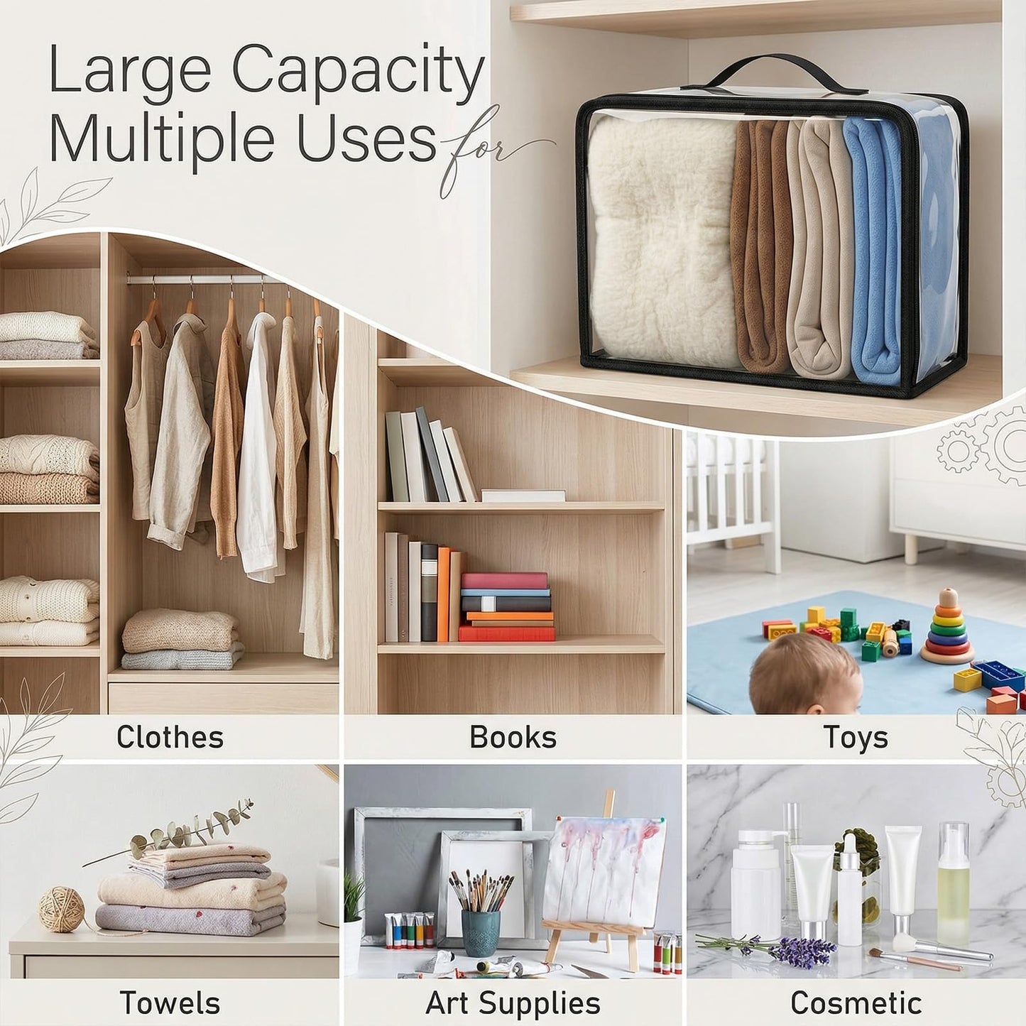 6 Pack Large Clear Storage Bags & Packing Cubes, 33L Extra Large PVC Zippered Organizer with Handle for Travel, Blanket, Sweater, Clothing & Home Storage