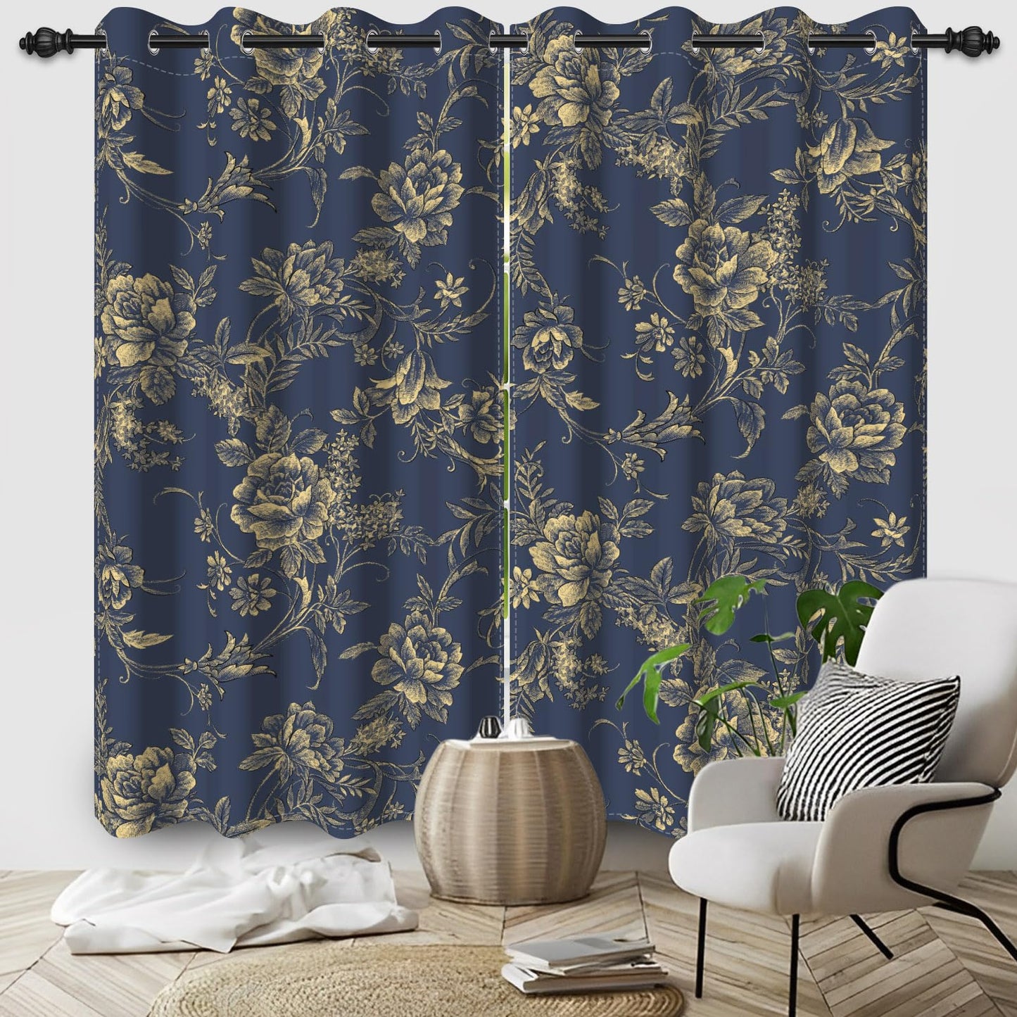 Baocicco Blackout Floral Curtains for Bedroom, 45 inch Long Printed Flower Black Out Curtains, French Country Window Treatment Farmhouse Drapes Set 2 Panels Blue 21Wx45L