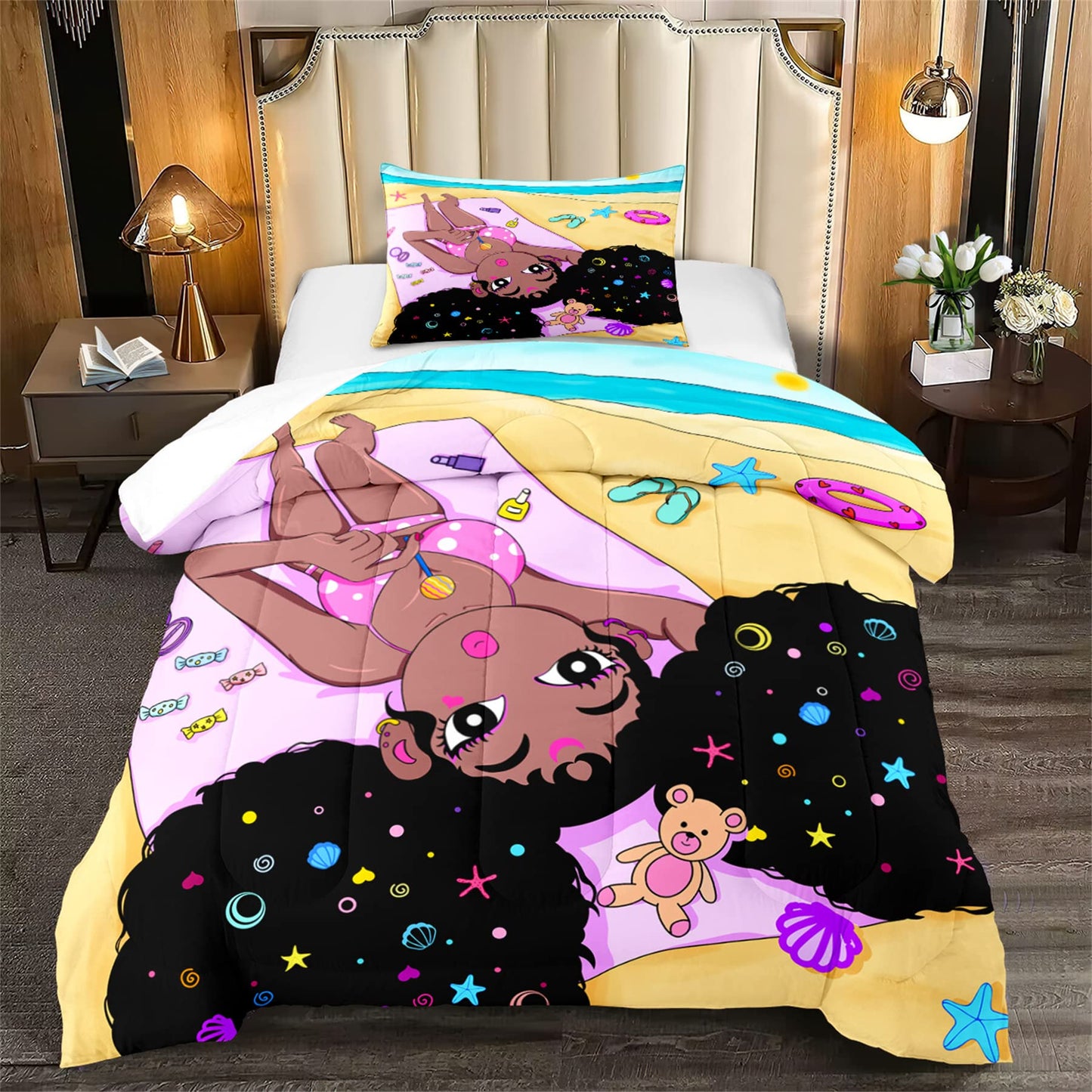 CAFCIOYG African Black Girls Comforter Set Twin African American Black Girls Bedding Set for Bedding Bedroom, All Seasons, 1 Comforter with 1 Pillowcase