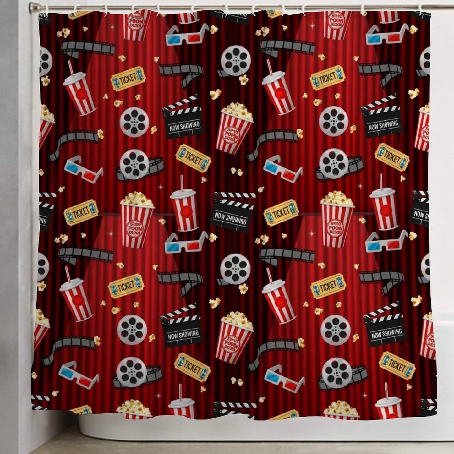Meaudiwes Waterproof Lightweight Shower Curtains for Bathroom Shower Curtain Movie Theater Theme Cinema Clapboard Film Popcorn Print, 72"x 70"