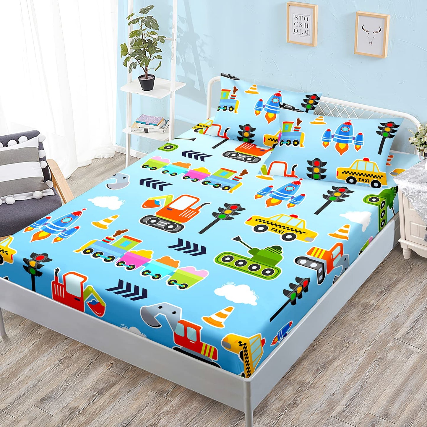 HOSIMA Cartoon Car Kids Fitted Sheet Set,Taxi Excavator Tractor Bedding for Kids' Room, Light Blue, Queen Size,1 Fitted Sheet+2 Pillowcases.