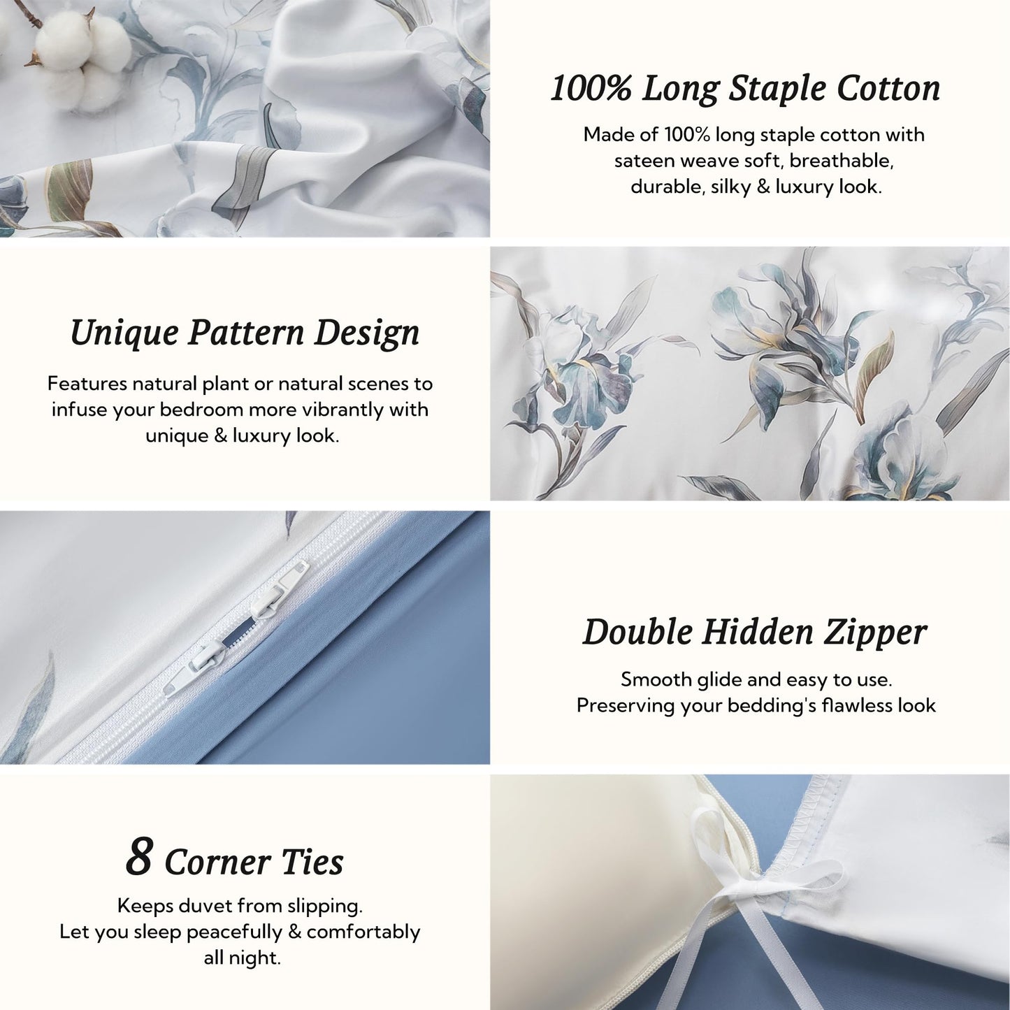 MILDLY Queen Duvet Cover Set - 100% Long-Staple Cotton White Blue Floral Patten Reversible Comforter Cover - 3Pcs Soft Breathable Luxury Bedding for All Season